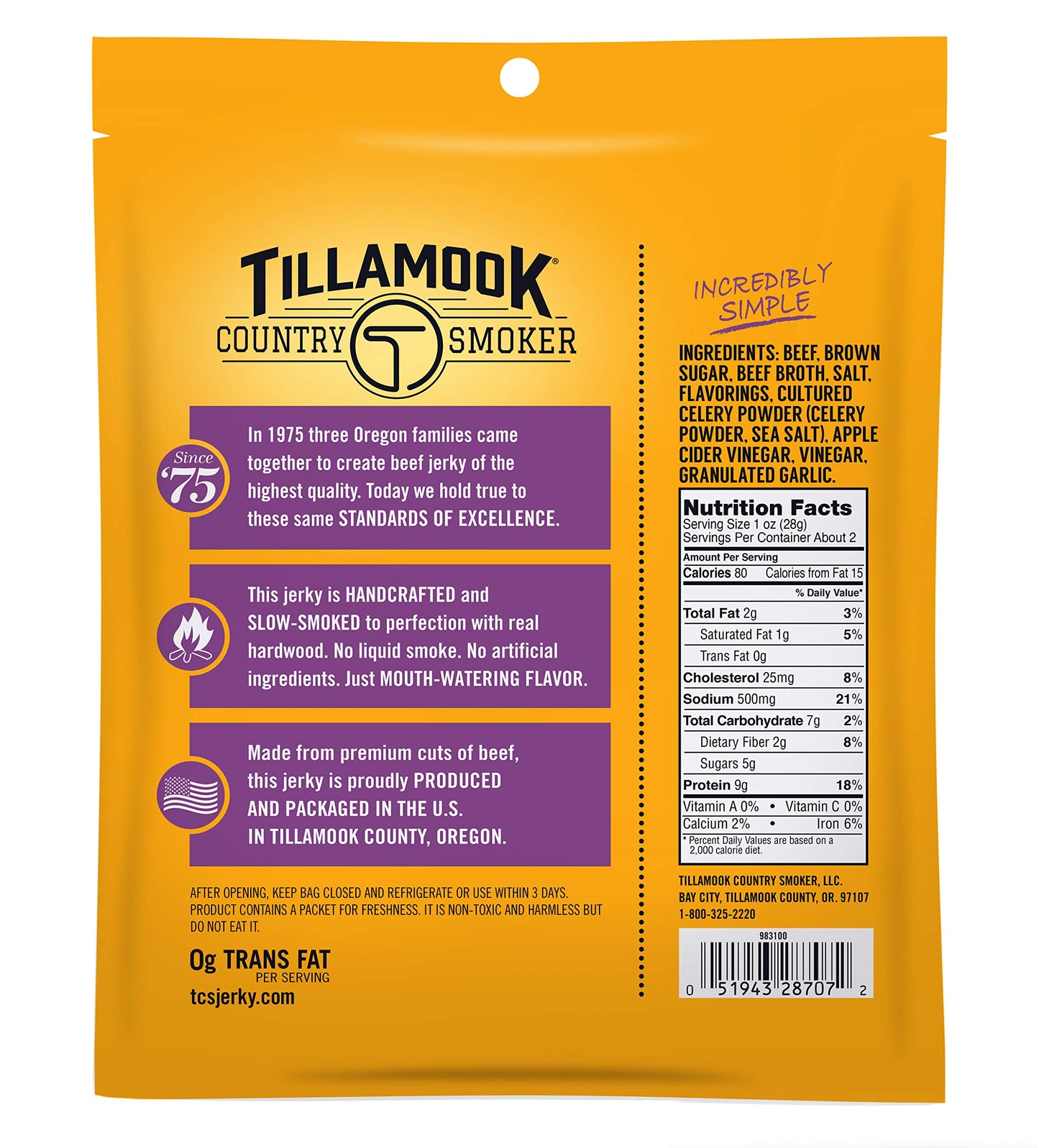 TILLAMOOK COUNTRY SMOKER Beef Jerky, Spicy & Sweet, 2.5 Ounce, Model 051943287027