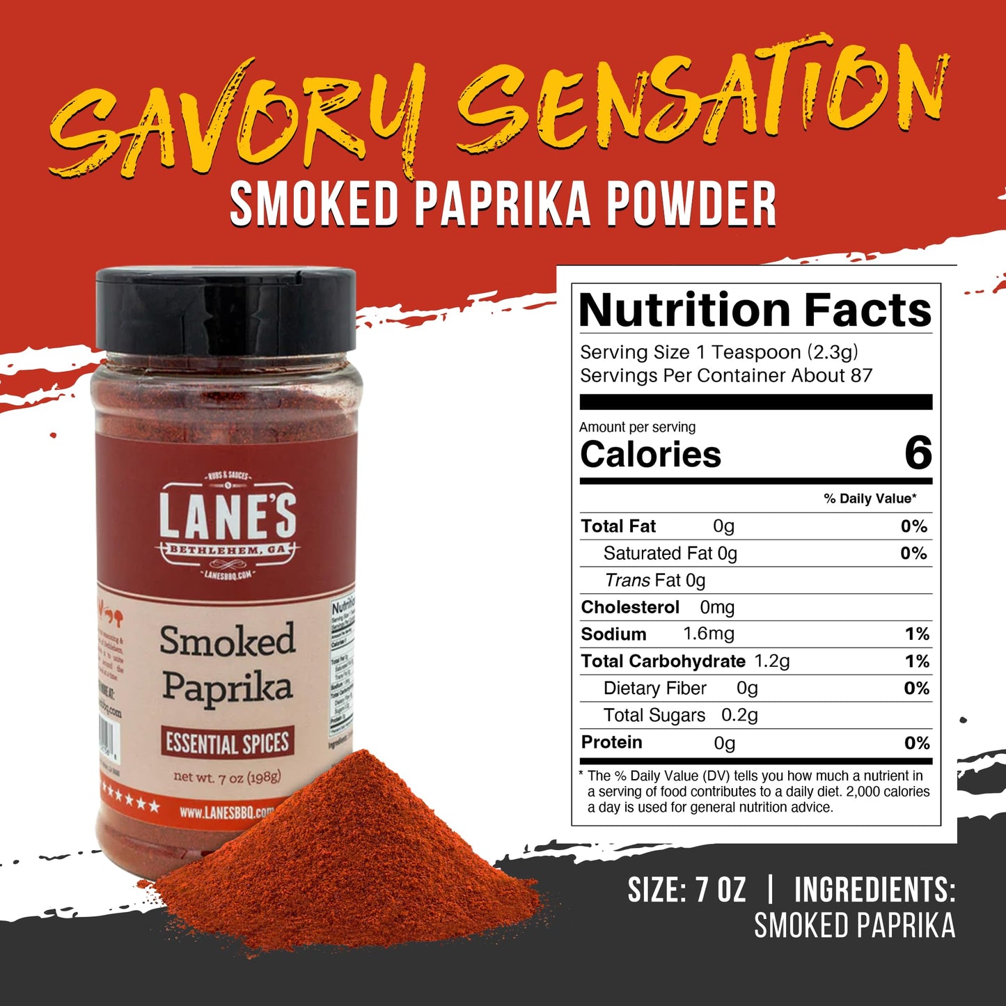 Lanes Smoked Paprika Powder, All-Natural Seasoning, 7 Oz, Great for Meat and Vegetables