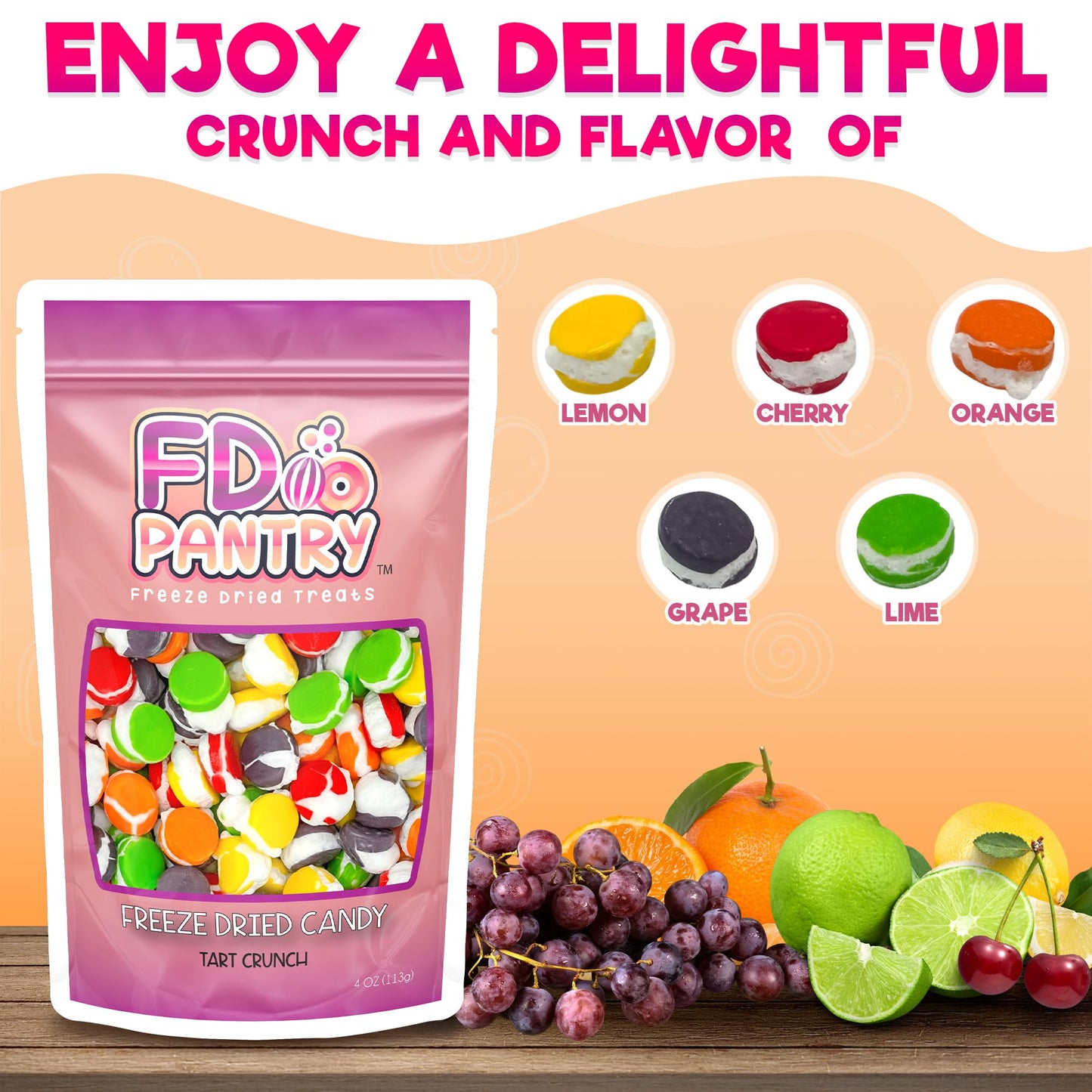 Freeze Dried Candy Tarts Crunch: Crunchy Sweetness, 4 oz Flavors: Cherry, Lemon, Lime, Orange, Grape. Tarts Resealable Bag Tangy