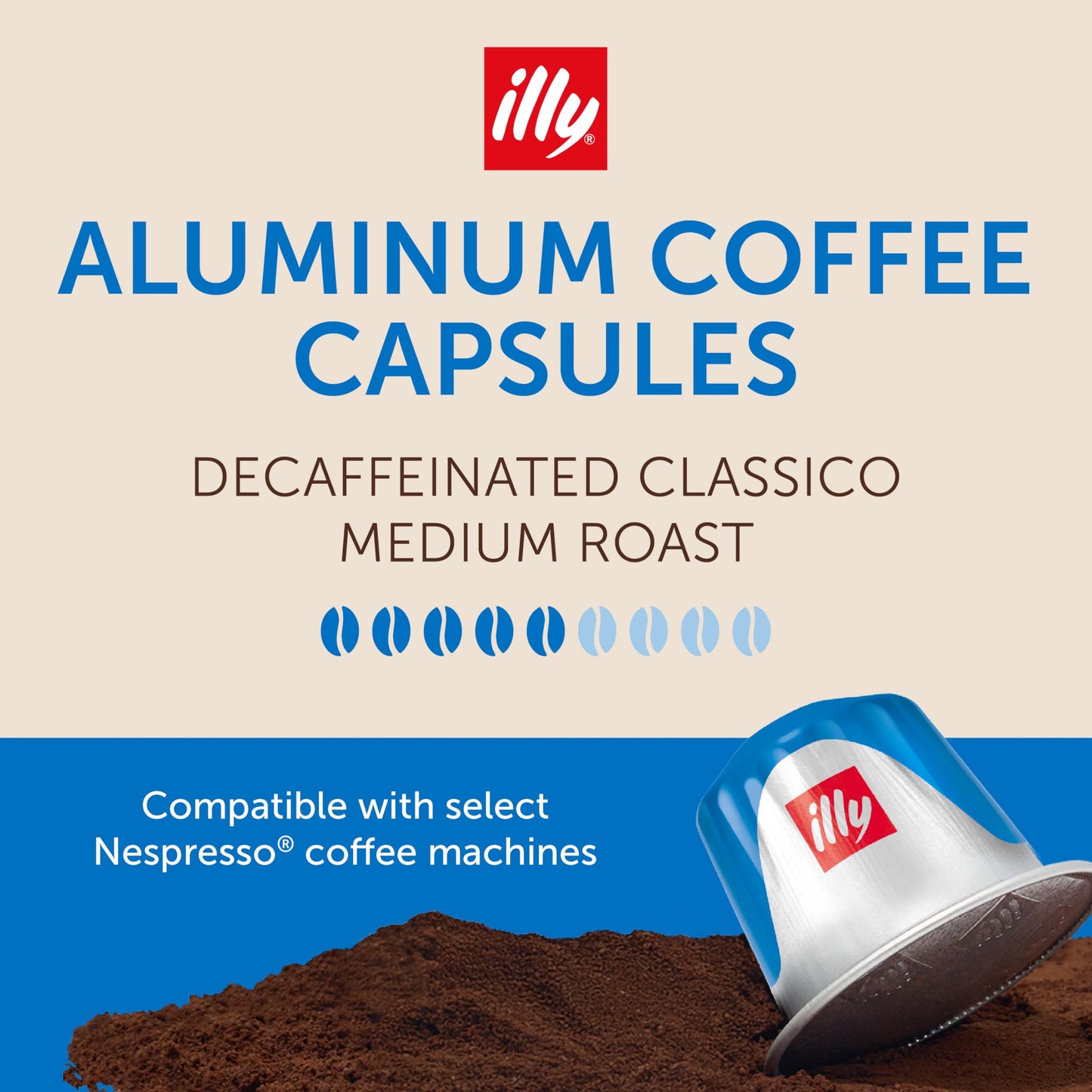 Illy Aluminum Espresso compact pieces, Decaf Coffee, Mild & Balanced, 10 Count (Pack of 5), Compatible with Nespresso Machines