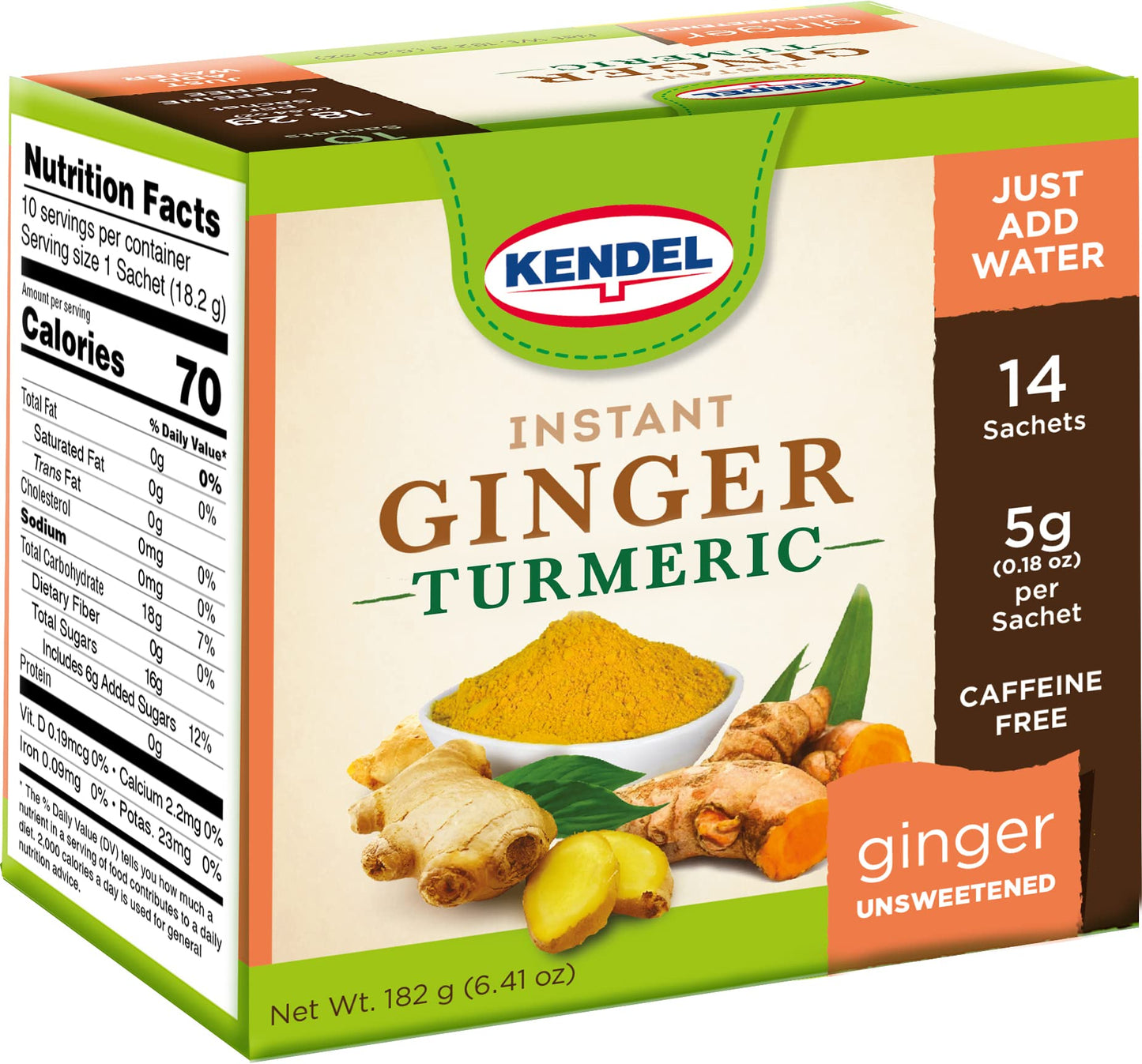 Kendel Instant Ginger Tea, Ginger-Tumeric Unsweetened, Caffeine Free, Non-GMO, 14 Tea Bags