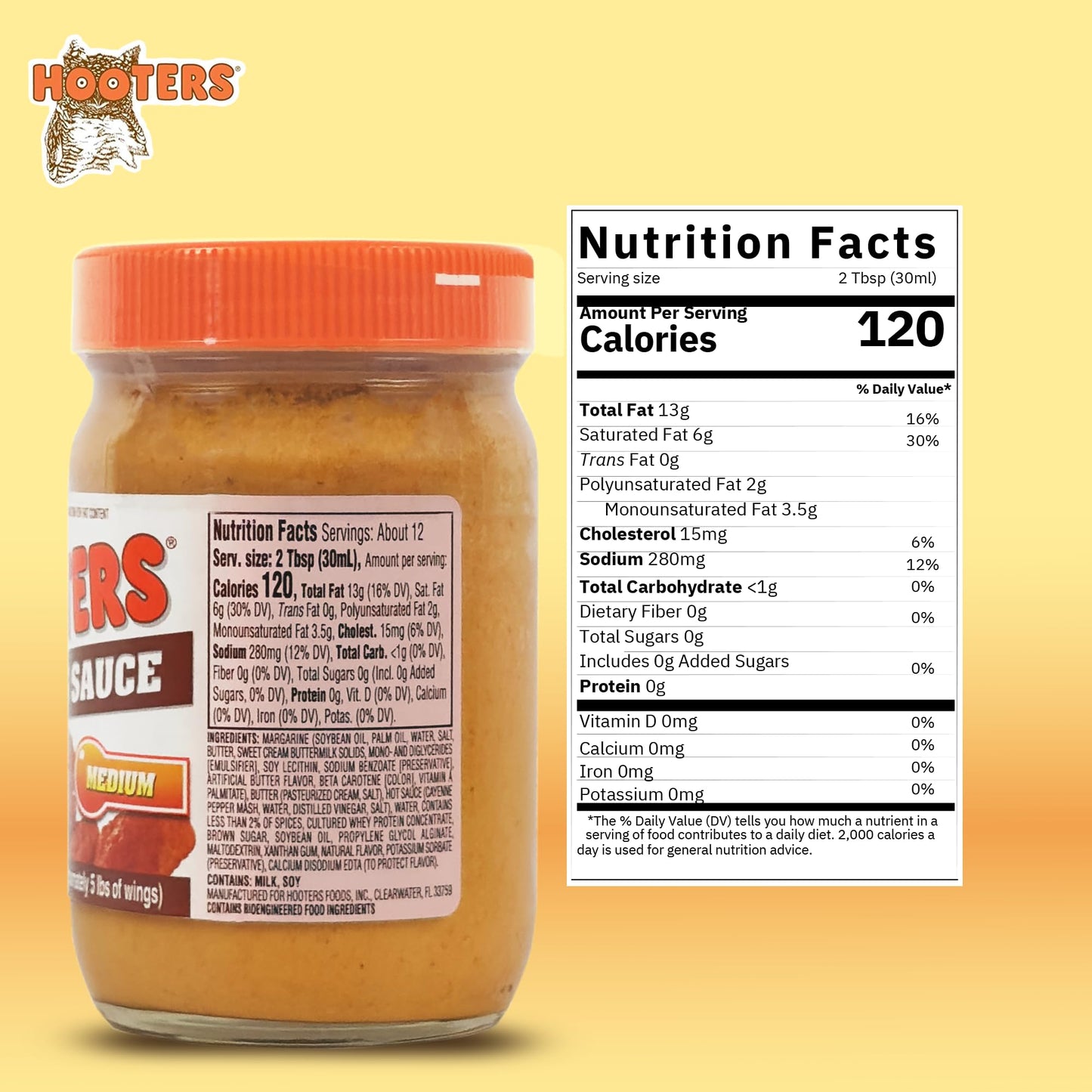 The Original Hooters Medium Wing Sauce - Versatile, Restaurant-Quality Flavor - Ideal for Chicken Wings, Ribs, and Seafood, Nutr