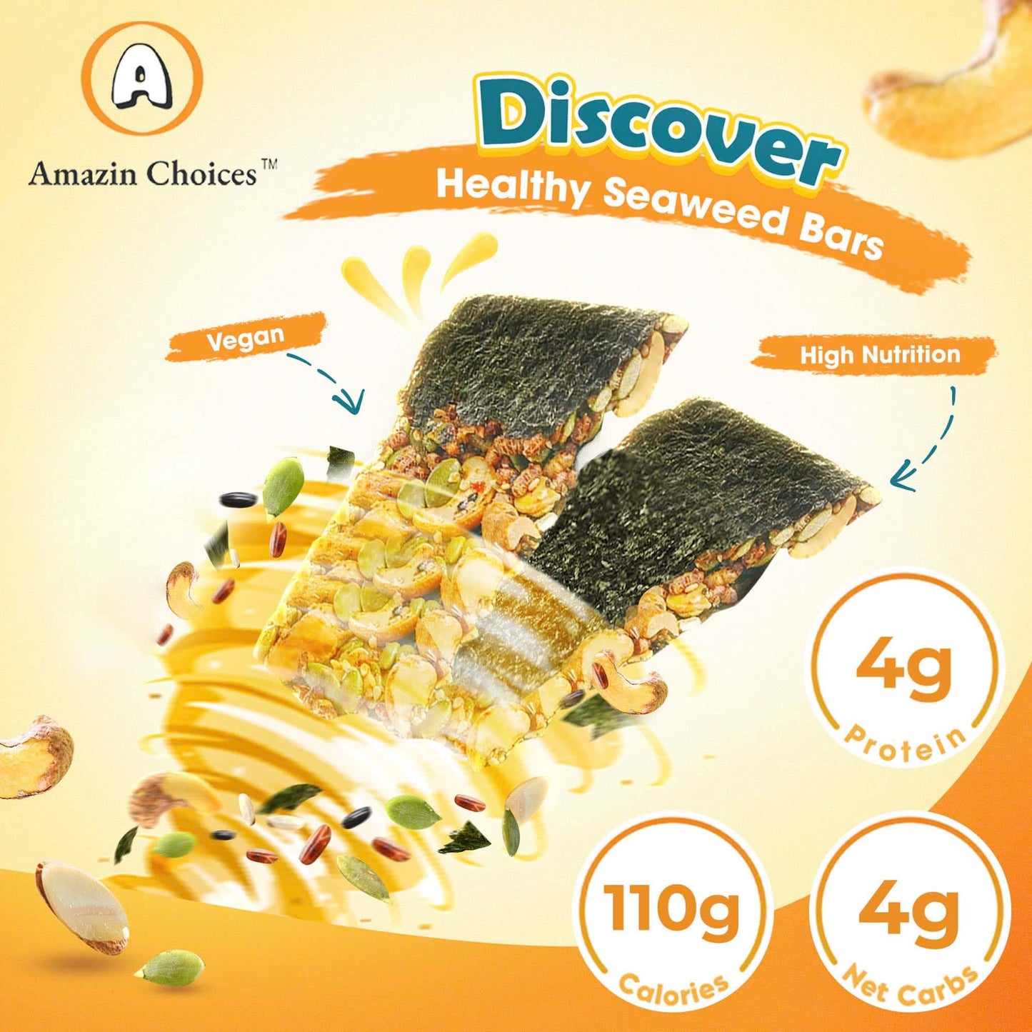 Sea Crunch with Nuts Classic Taste. Sea Snack Bars with Cashews  Almonds & Pumpkin Seeds by Amazin Choices. enhanced Snack  Vegan  Snack Strips  Asian Chips Variety Pack  Sea Sheets  Sandwich Sea - 32.1oz - Box of 3 (48 counts )