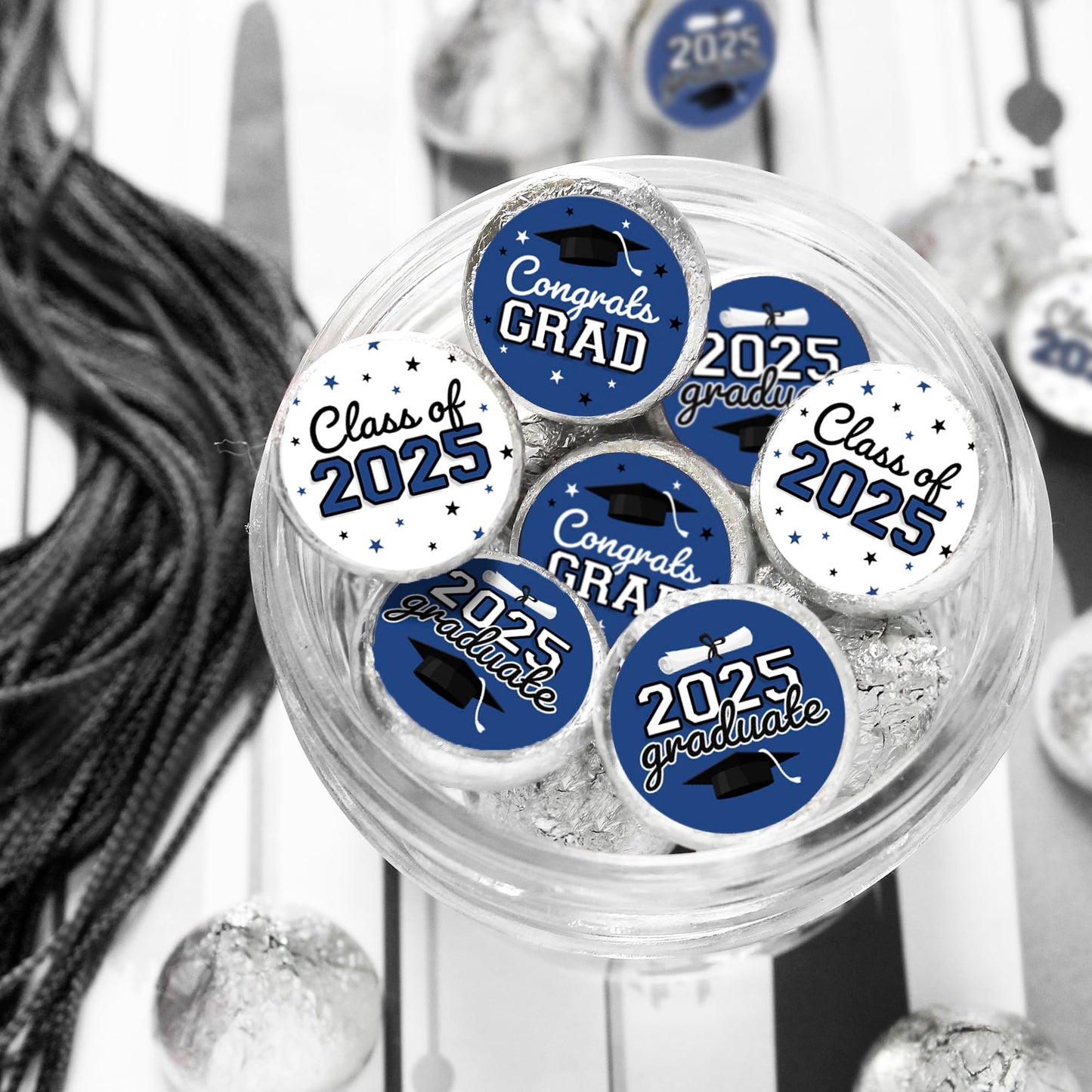 Blue Graduation Party Stickers For Kisses Candy, Chocolate Drops, 2025 Grad Party Favors - 180 Count