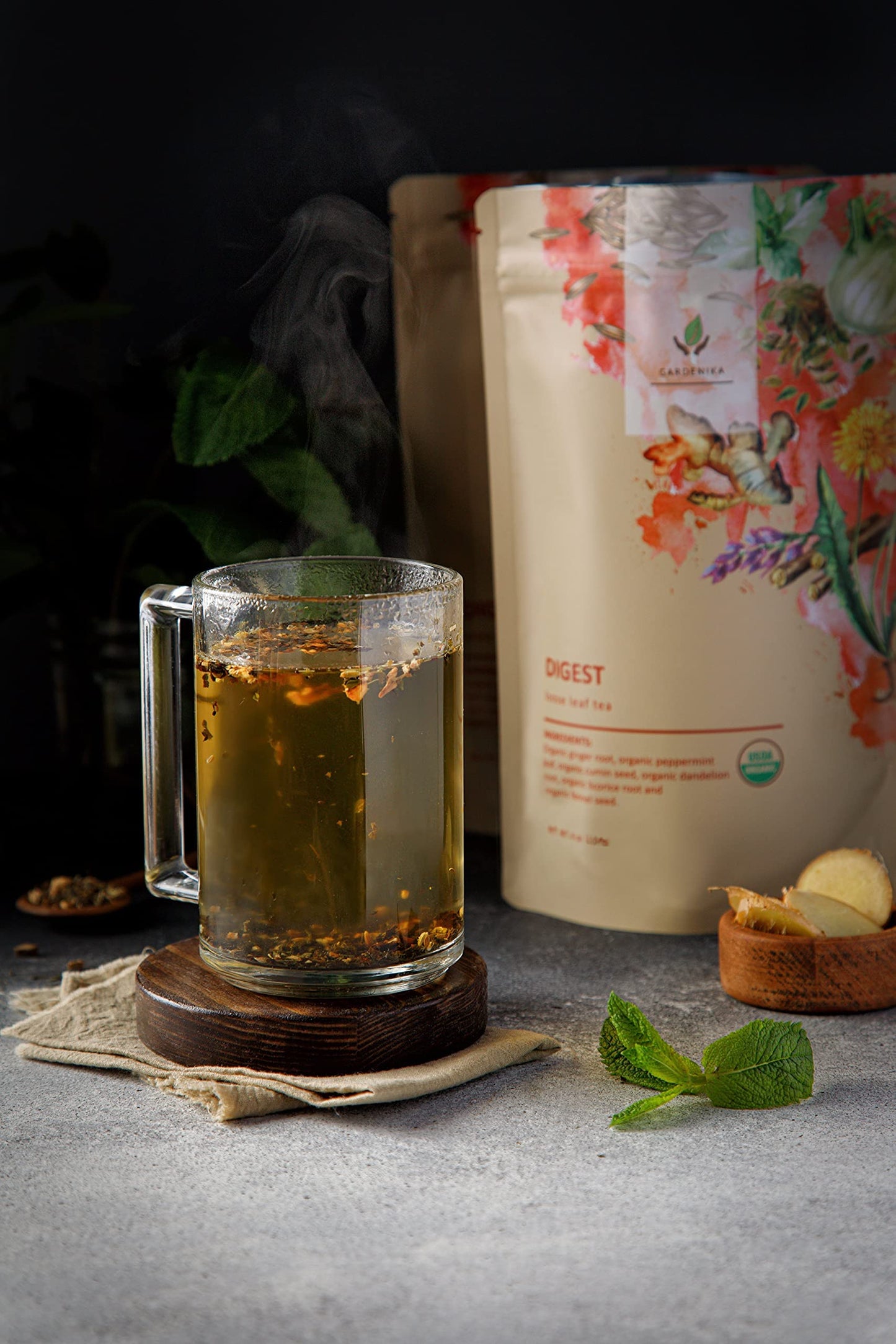 Gardenika Organic Digestive Loose Leaf Tea, Herbal Blend with Dandelion, Ginger, Peppermint, Licorice - 4 oz, Caffeine-Free