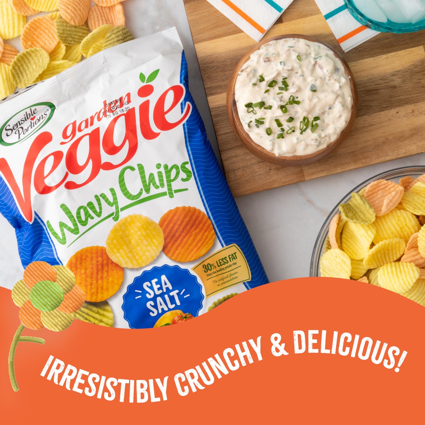 Sensible Portions Garden Veggie Wavy Chips, Sea Salt, Snack Size, 1 Oz (Pack of 24)
