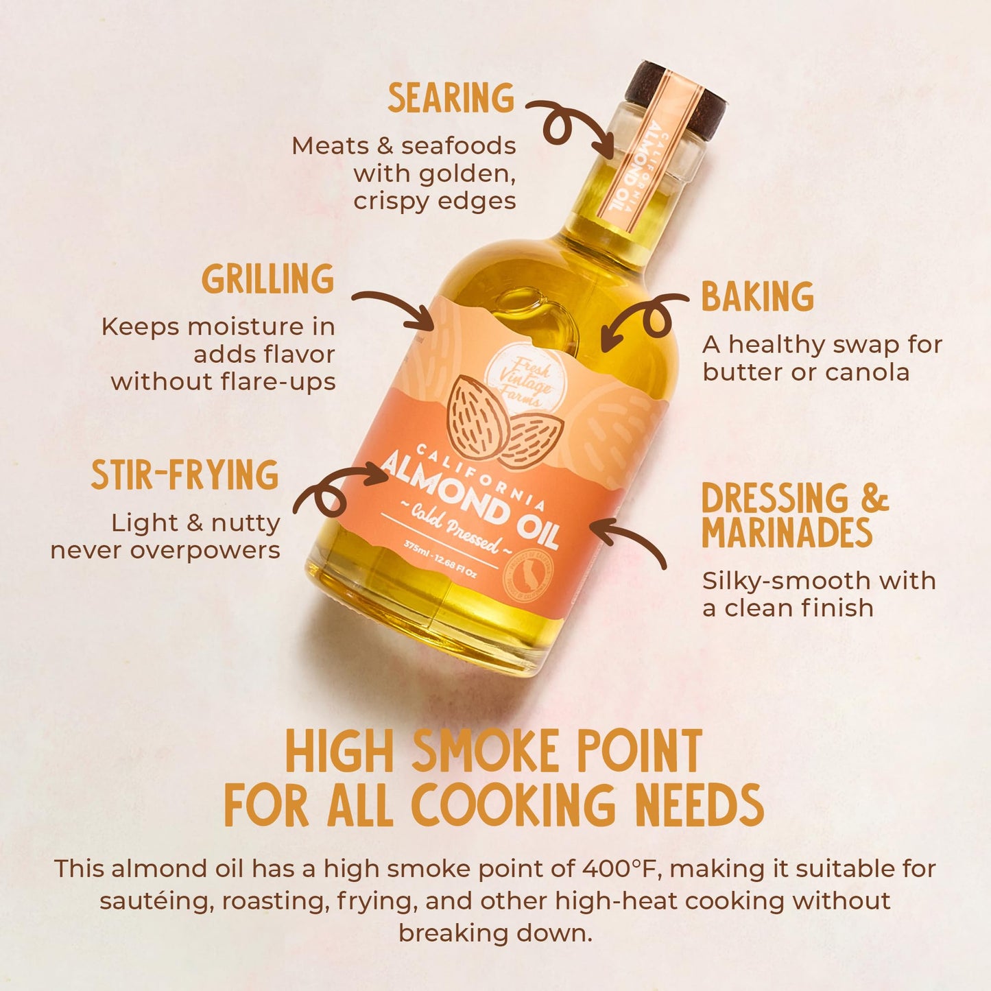 Fresh Vintage Farms Almond Oil 100% Pure Cold Pressed 12.68 Fl Oz Pack of 1