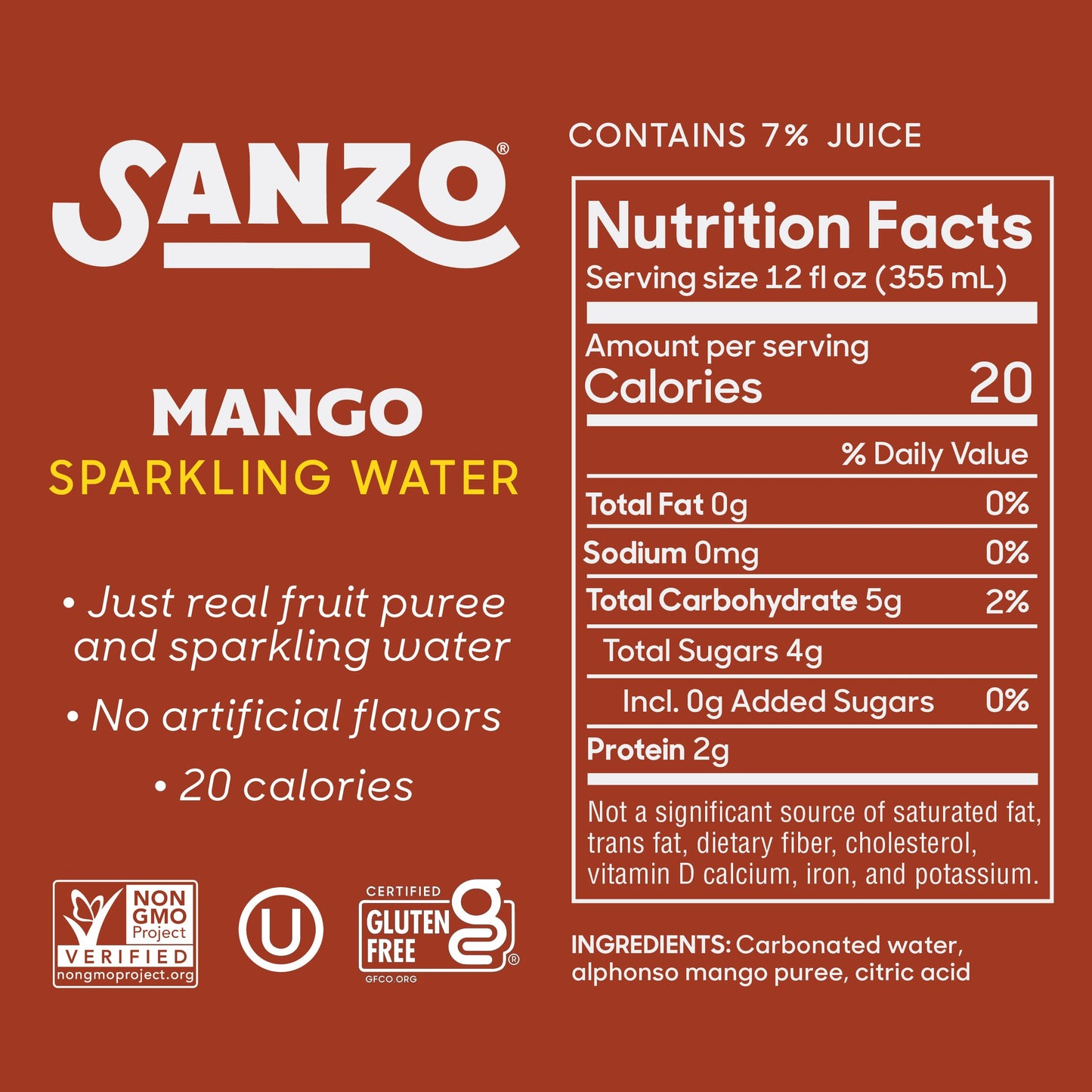 Sanzo Flavored Sparkling Water - Mango (Alphonso), 12-Pack - Carbonated Drink Made With Real Fruit & Sugar-Free - Non-Gmo, Glute