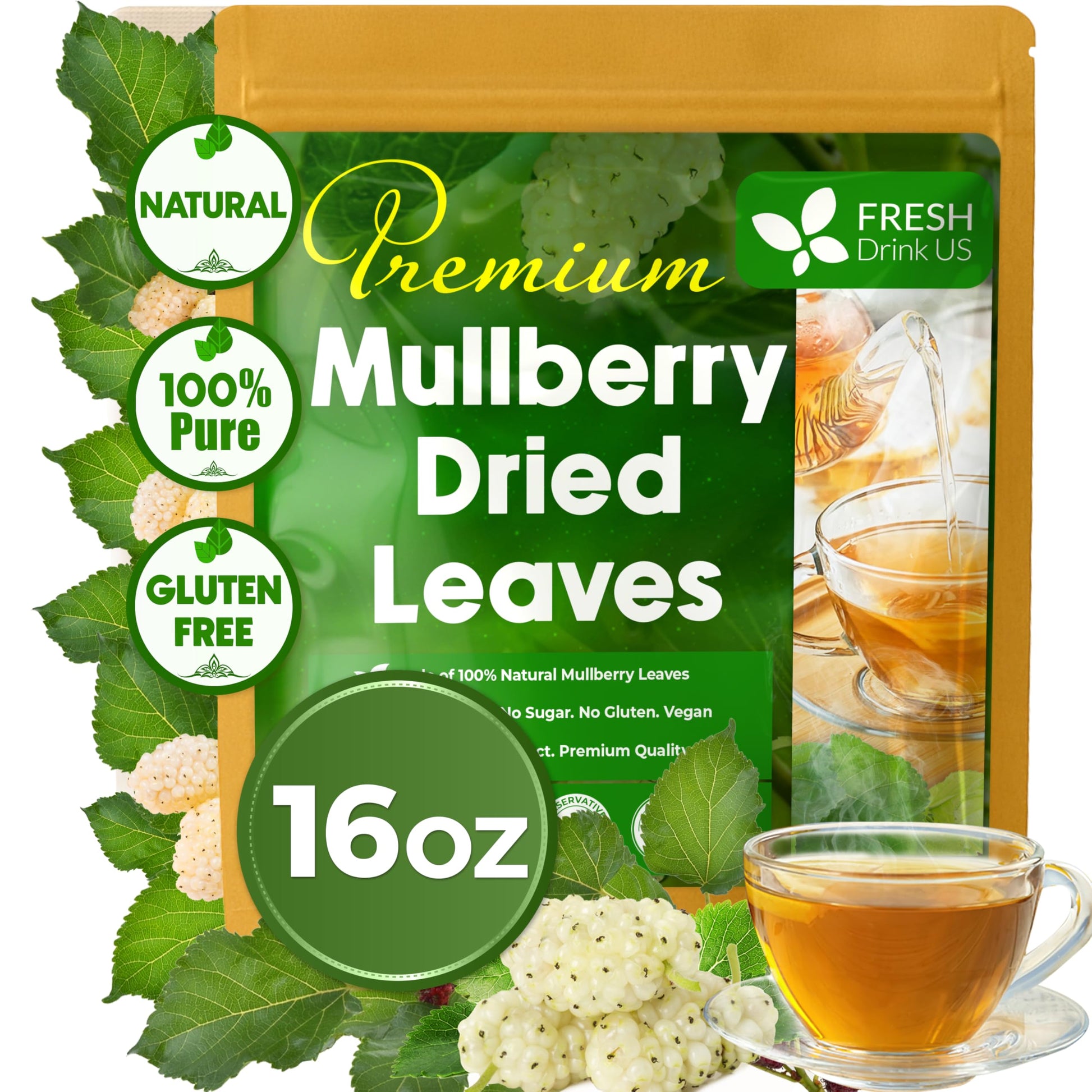 Freshdrinkus, Permium 16Oz Mulberry Leaves, 100% Natural & Pure From Mulberry Leaves, Loose Leaf Herbal Tea, No Additives, No Caffeine, Vegan