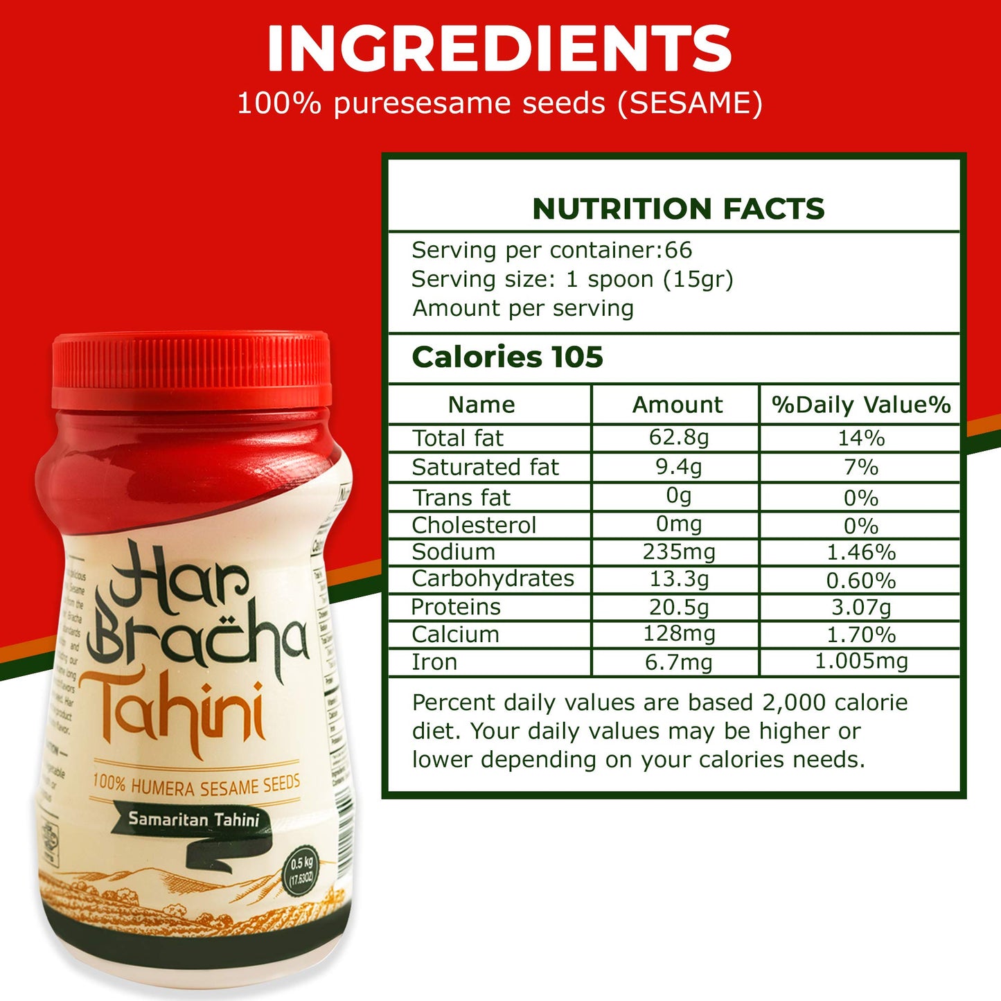 Har Bracha Tahini Paste, 100% Natural & Vegan, 17.6 oz (Pack of 3) - Pure Ground Sesame Seeds for Dips, Dressings, and Hummus