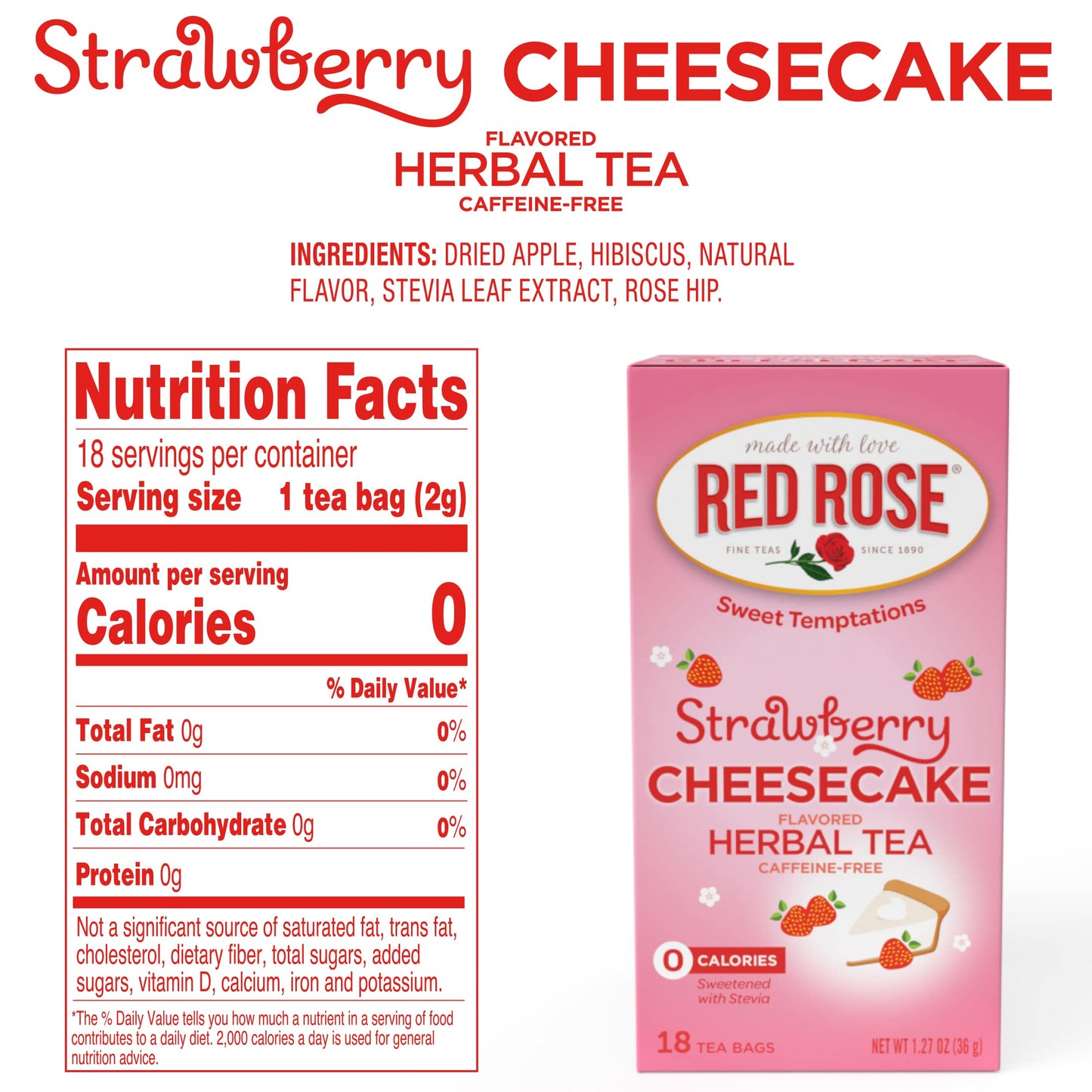 Red Rose Dessert Tea Strawberry Cheesecake, Caffeine-Free, Zero Carbs, 18 Count