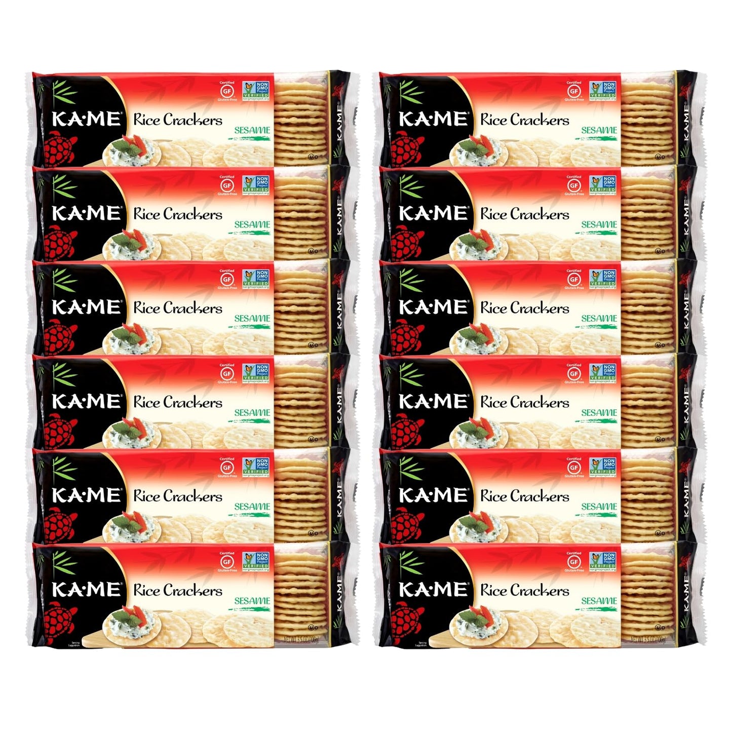 Ka-Me Sesame Rice Crackers 3.5 Oz/Trays (Pack Of 12) Asian Ingredients And Flavors, No Artificial Flavors, Non Gmo, Great With Salmon, Cheese, Egg & Tuna Salad, Guacamole, Hummus & More