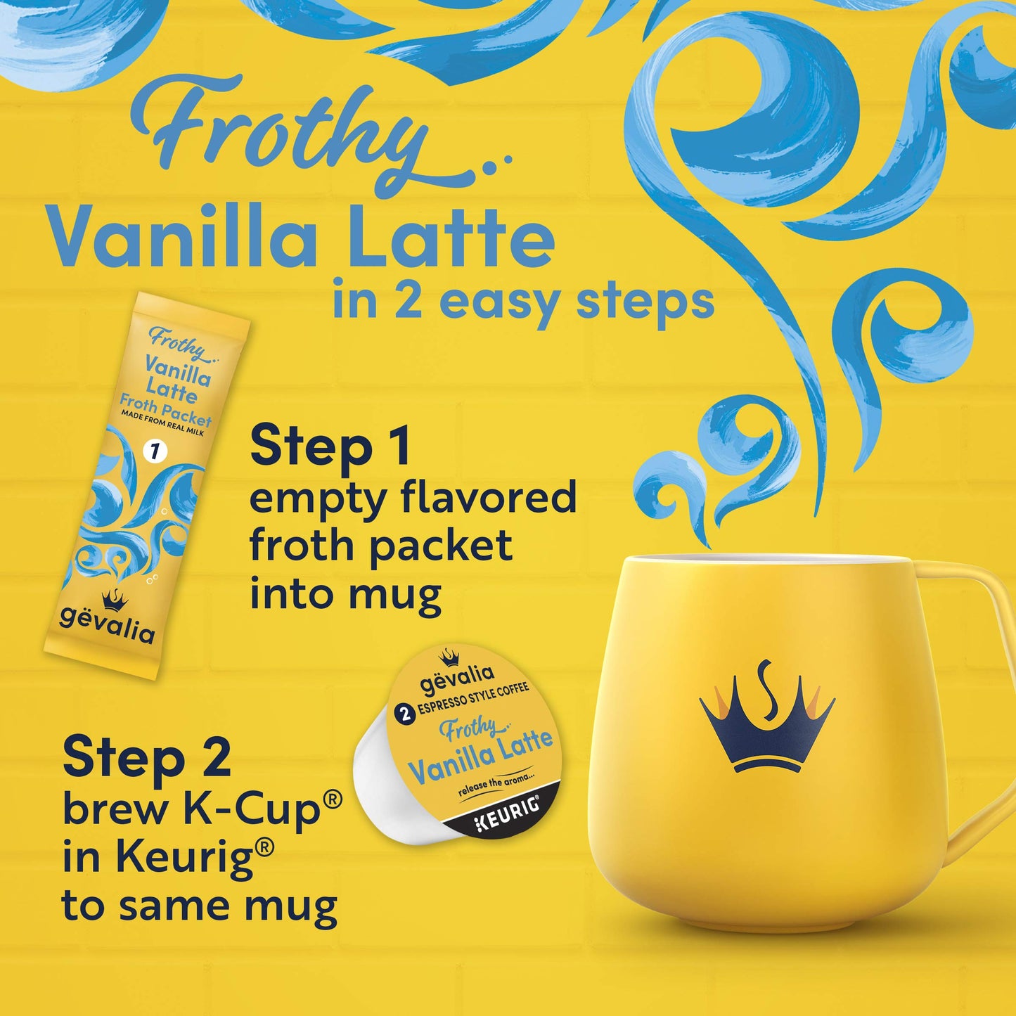 Gevalia Frothy 2-Step Vanilla Latte Espresso K-Cup Coffee Pods & Froth Packets Kit (6 Ct Box)
