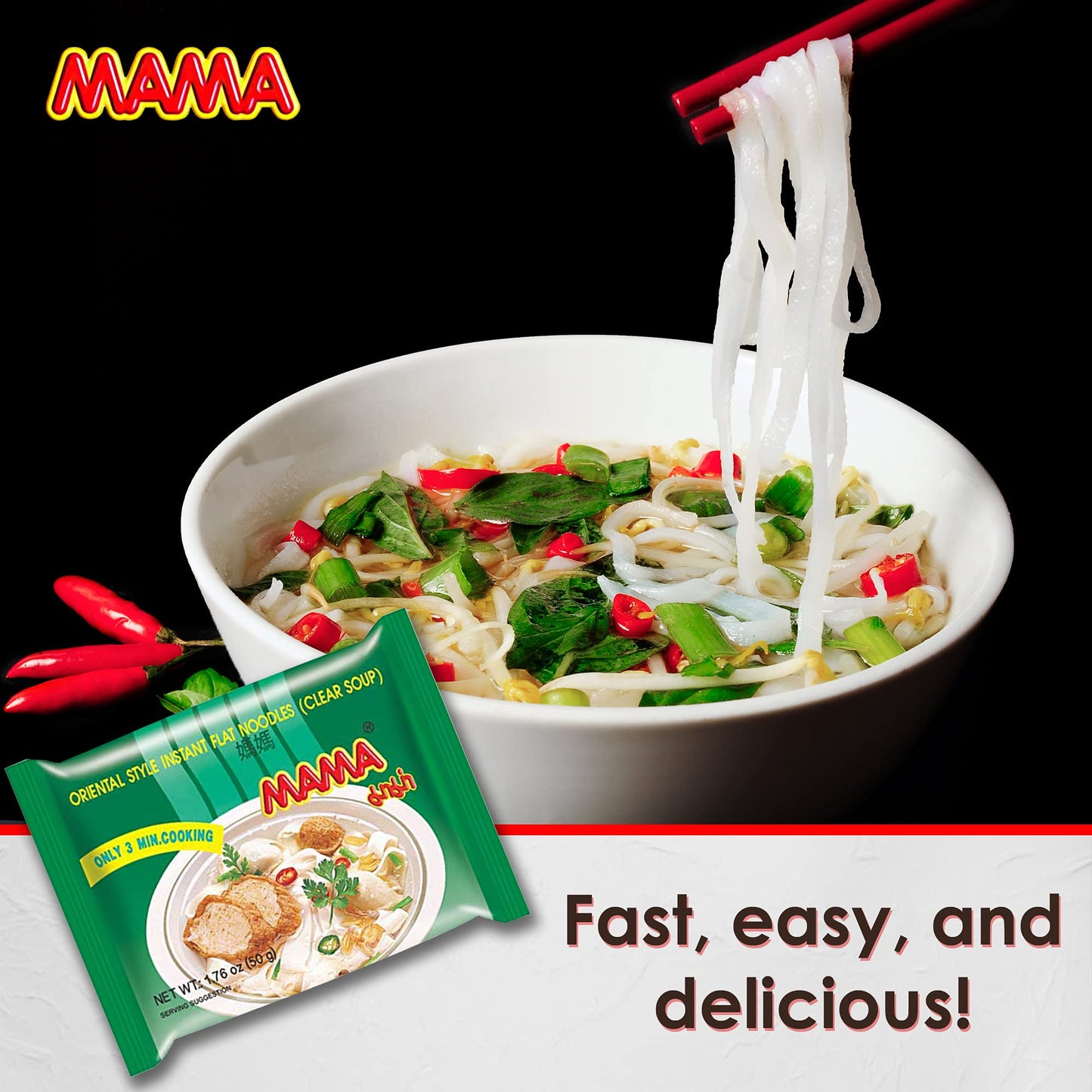 Mama Noodles Flat Clear Soup Instant Rice Noodles W/Delicious Thai Flavors, Hot & Spicy Noodles, No Trans Fat W/Fewer Calories T