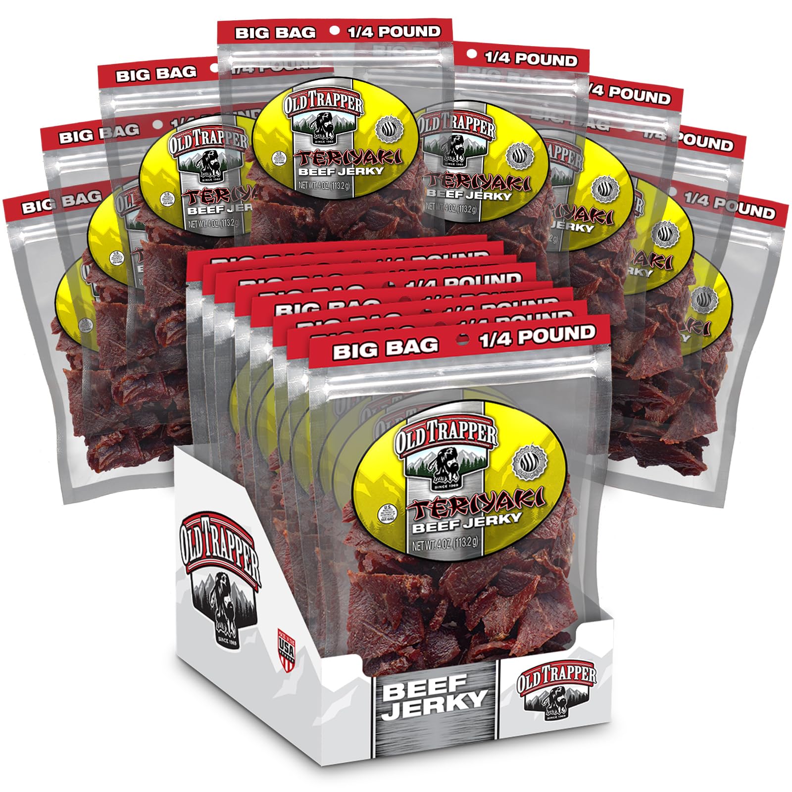 Old Trapper Beef Jerky, Teriyaki, 1/4-Pound Pack of 8, 11g Protein, 4 oz Total Weight