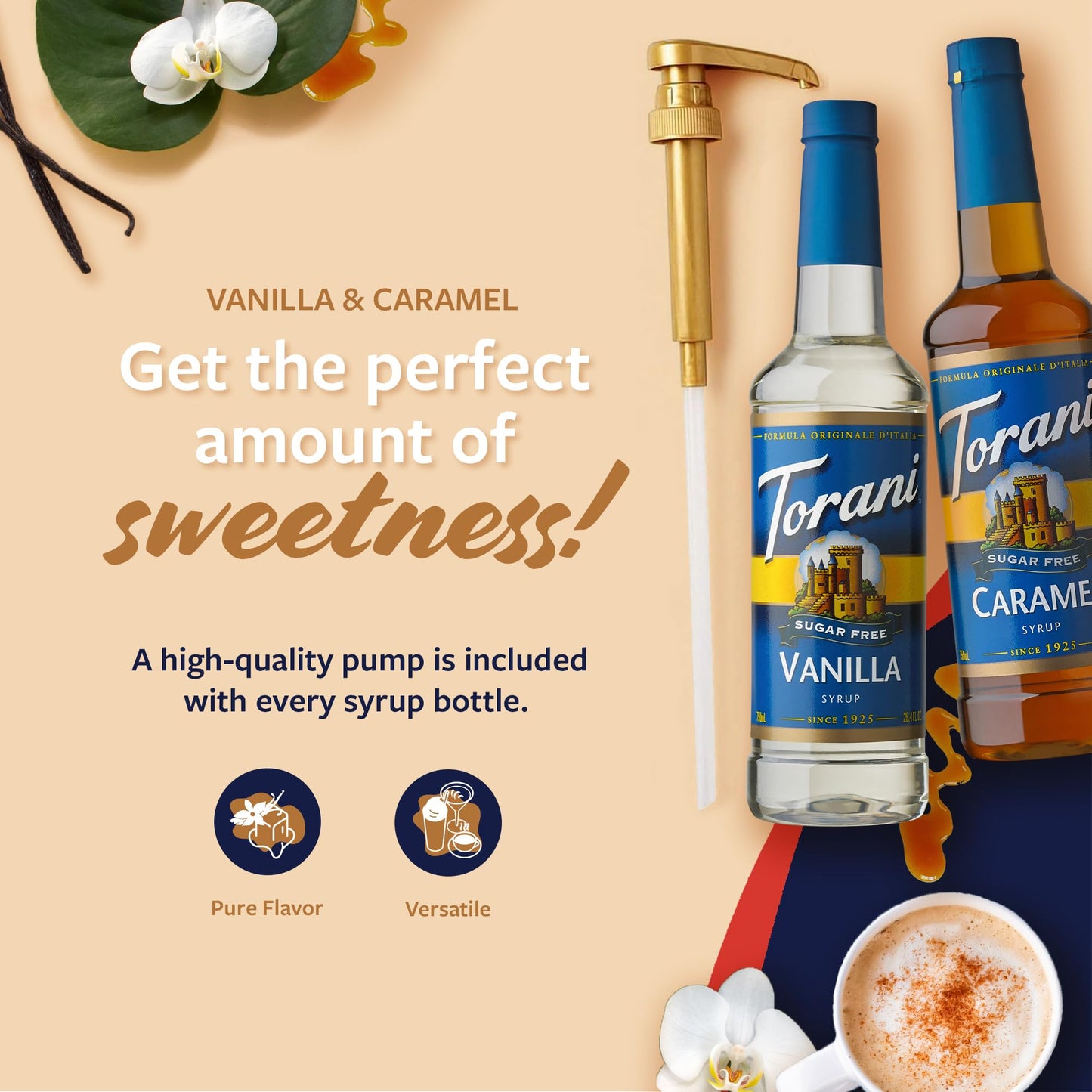 Torani Sugar Free Caramel Syrup And Sugar Free Vanilla Syrup Variety 2-Pack, Coffee Syrups For Drinks, Pumps Included, 25.4 Fl O