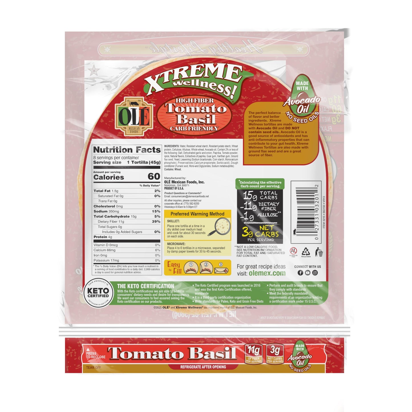 Ol   Xtreme Wellness Tomato & Basil | 8'' Size Flour Tortillas |Carb Friendly |Keto Certified | 12.7 Oz.| 8 Count (Pack Of 4)