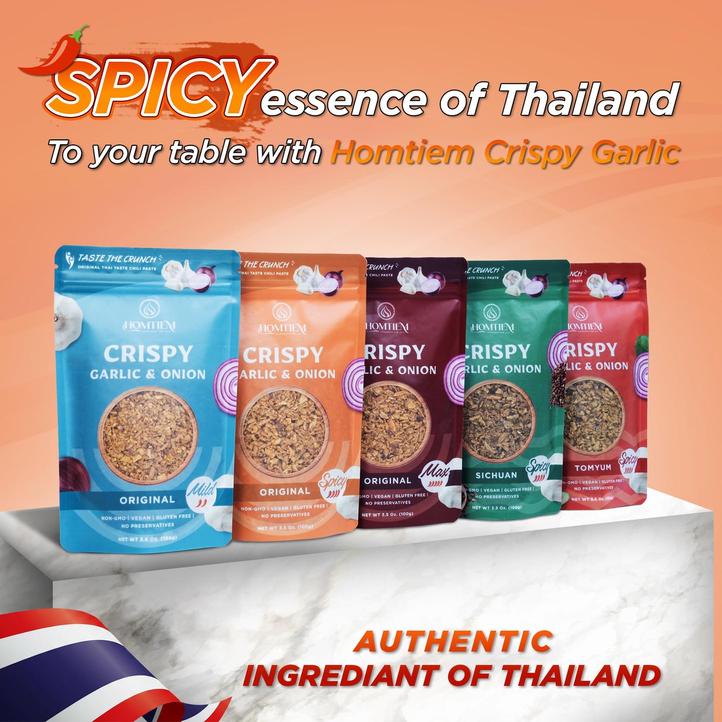Homtiem Crispy Garlic & Onion : Original Spicy 3.5 Oz., Medium Spice, Versatile Seasoning, All-Natural, Non-Gmo, Vegan & Gluten-
