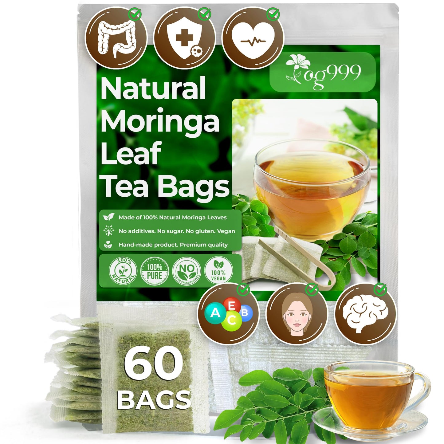 TOG999 Moringa Leaf Tea Bags, 100% Natural Herbal Tea, 60 Bags, Caffeine-Free, Vegan
