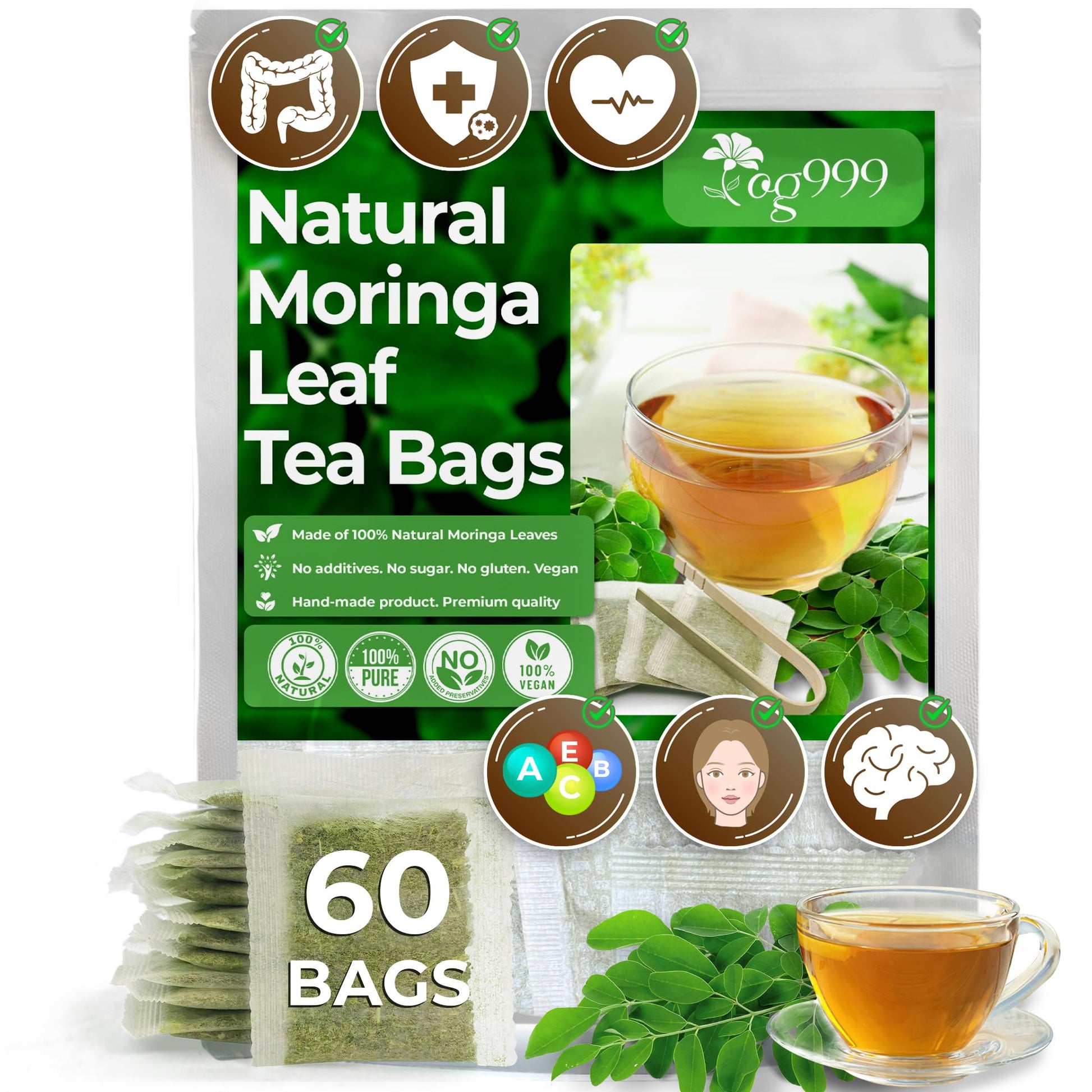 TOG999 Moringa Leaf Tea Bags, 100% Natural Herbal Tea, 60 Bags, Caffeine-Free, Vegan