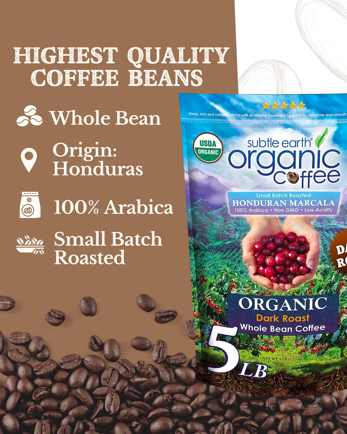 Subtle Earth Organic Coffee - Dark Roast - Whole Bean Coffee - 100% Arabica Beans - Low Acidity And Non-Gmo - 5Lb Bag