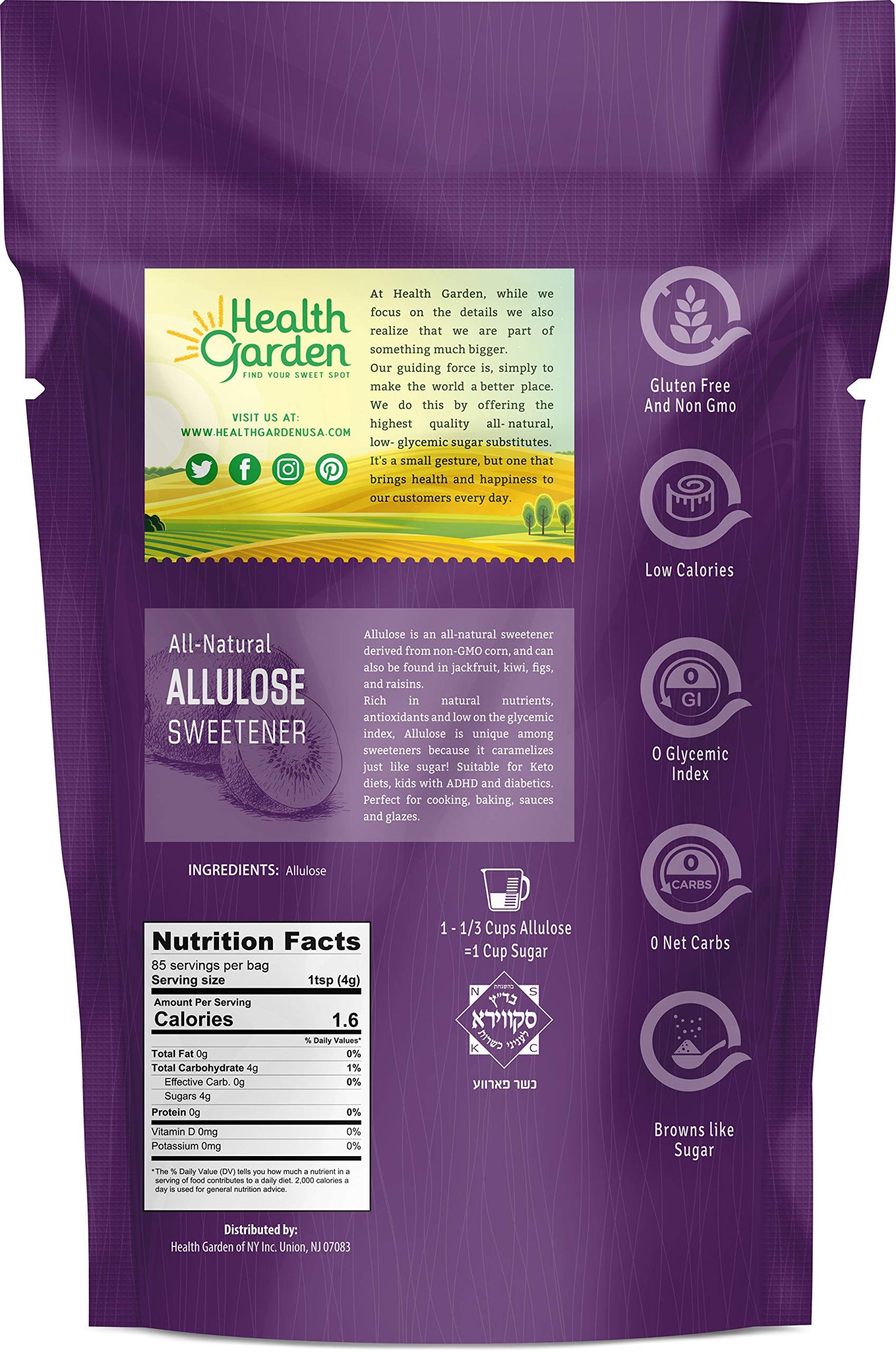 Health Garden Allulose Sweetener - Gluten And Sugar Free - Zero Net Carb - Non Gmo - Kosher - Keto Friendly (12 Oz)