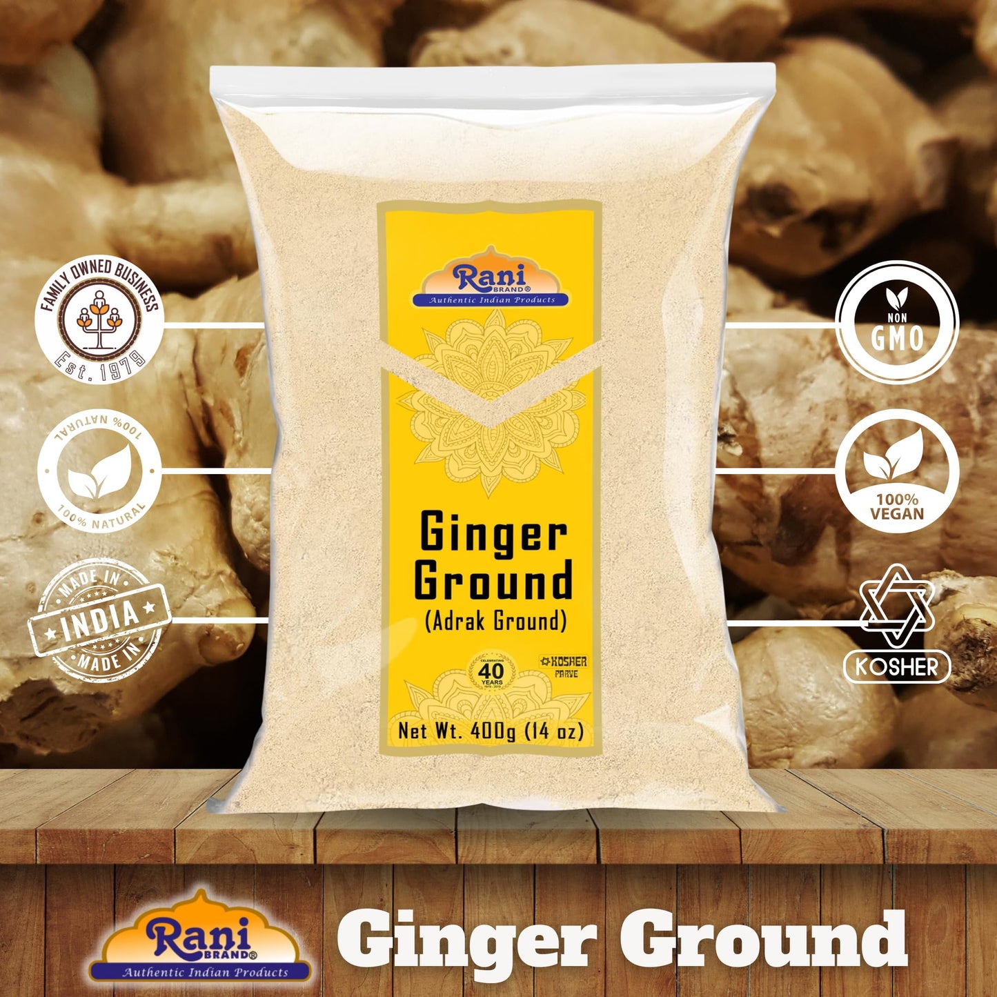 Rani Ginger (Adarak) Powder Ground, Spice 14Oz (400G) ~ All Natural | Vegan | Gluten Friendly | Non-Gmo | Kosher | Indian Origin