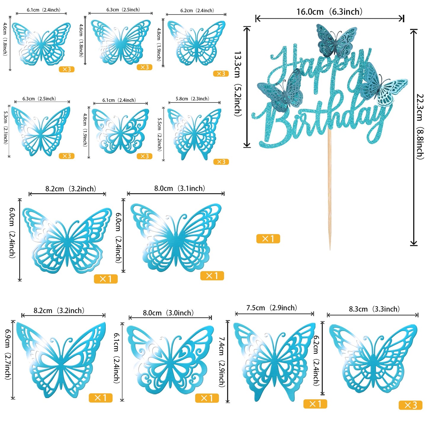 Rssta i Cake Toppers - Happy Birthday with 3D Butterfly - Blue - 1.8x2.4 inches - Paper - Model XM266-blue
