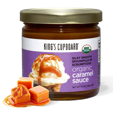 Kings Cupboard Organic Caramel Sauce - The Perfect Sauce for Ice Cream  Fruit Dip  Topping Desserts  Caramel Drizzle for Coffee - Gluten-Free  Kosher  Organic  All Natural  7.7 oz