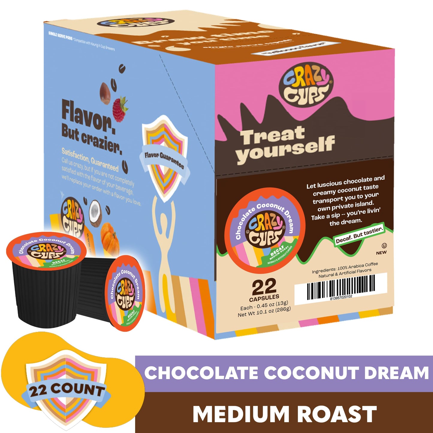 Crazy Cups Decaf Coffee Pods, Chocolate Coconut Dream, 22 Count for Keurig K Cups 2.0, Pack of 22
