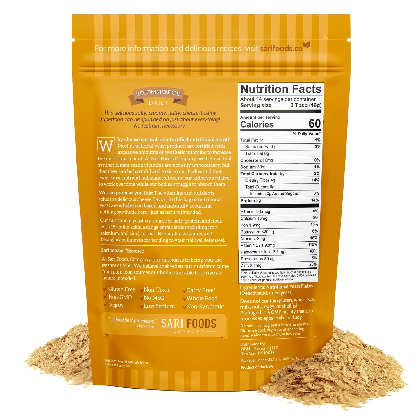 Sari Foods Non-Fortified Nutritional Yeast Flakes - 24Oz Or 8Oz - Superfood, Rich In Protein. Gluten Free & Dairy Free Vegan Che