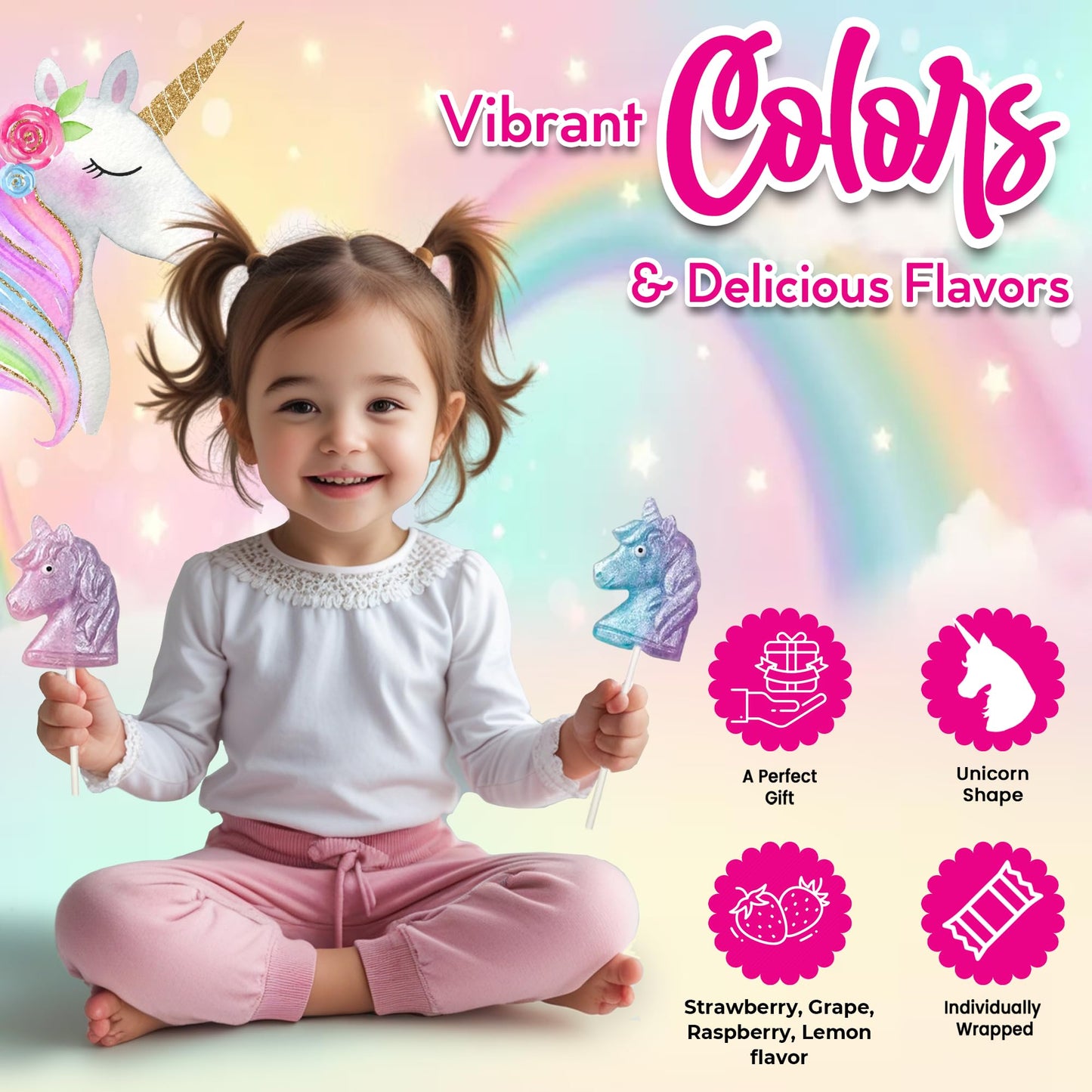 Unicorn Candy Lollipops - 12 Whimisical Pretty Suckers Individually Wrapped - Great For Unicorn Party Favors - Goodie Bags For K