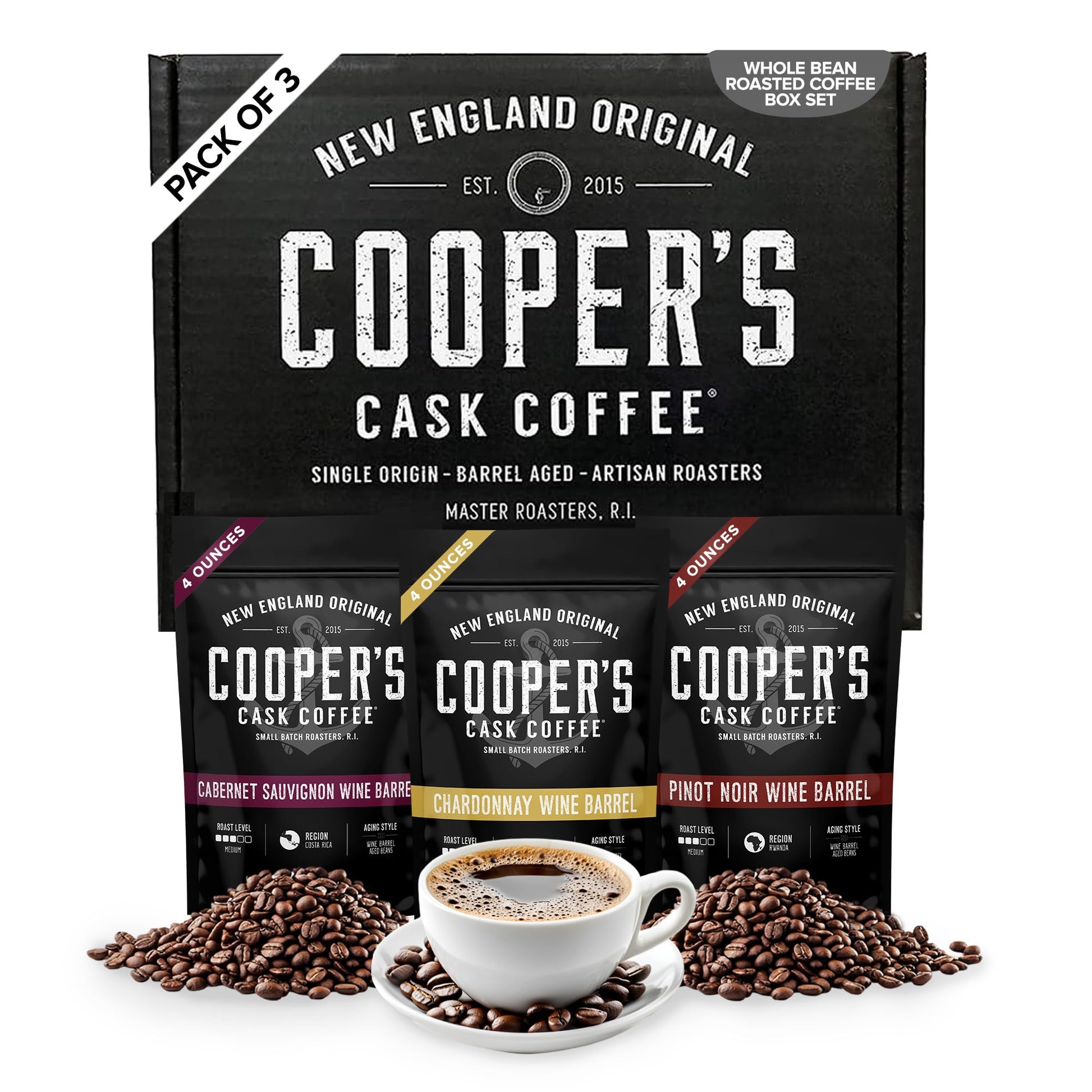 Coopers Cask Coffee Wine Barrel Aged Coffee Gift Box Set, Medium Roast Whole Bean, 12 oz Total, Brown