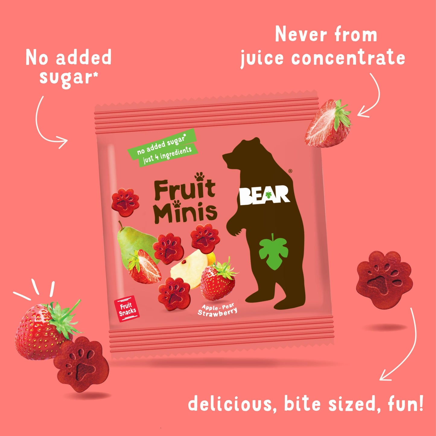Bear Yoyo Strawberry Flavored Mini Fruit Rolls, Multi Pack, No Added Sugar, 3.5 Ounces (Pack Of 4)