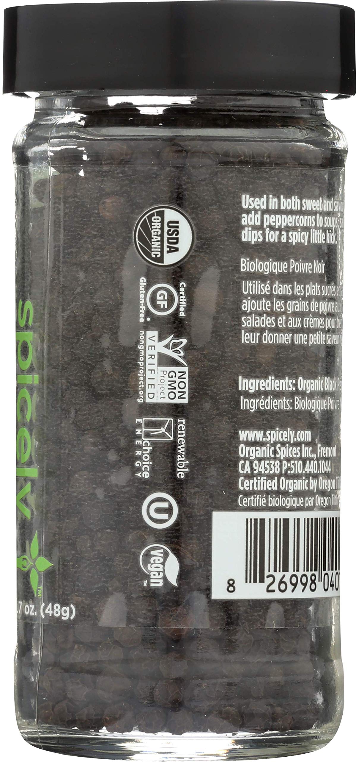 Spicely Organic Peppercorn Black Whole 1.70 Ounce Jar Certified Gluten Free