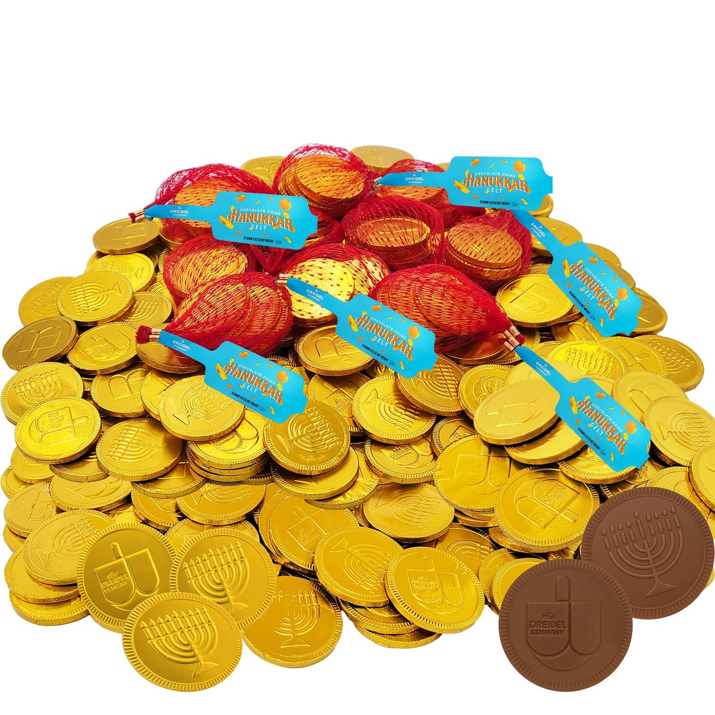 The Dreidel Company Hanukkah Chocolate Gelt, 6-Pack Mesh Bags of Milk Chocolate Coins, Kosher Certified Dairy Dreidel and Menora