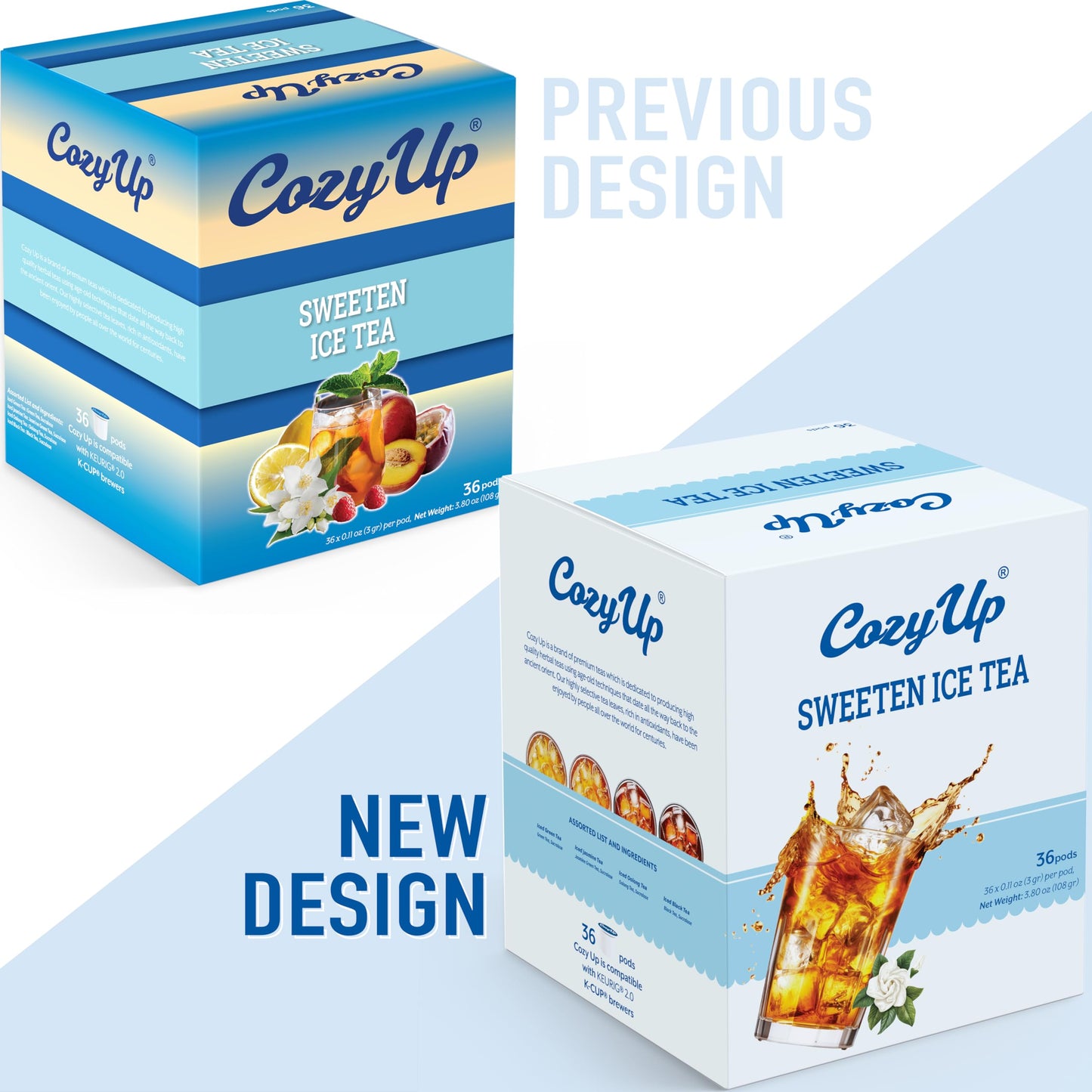 Cozy Up Iced Sweet Tea Variety Pack - 36 Count Single Serve Pods for Keurig - Sweetened Black, Green, Jasmine Green & Oolong Black Tea