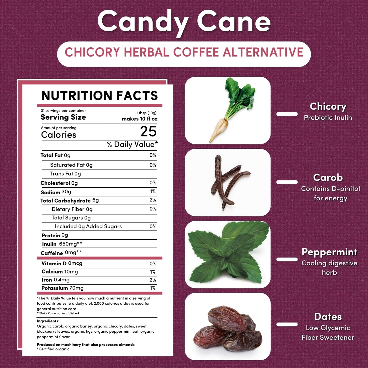 Teeccino Coffee Alternative – Candy Cane – Holiday Dessert Beverage That’S Prebiotic, Caffeine-Free & Acid Free, Medium Roast, 11 Ounce