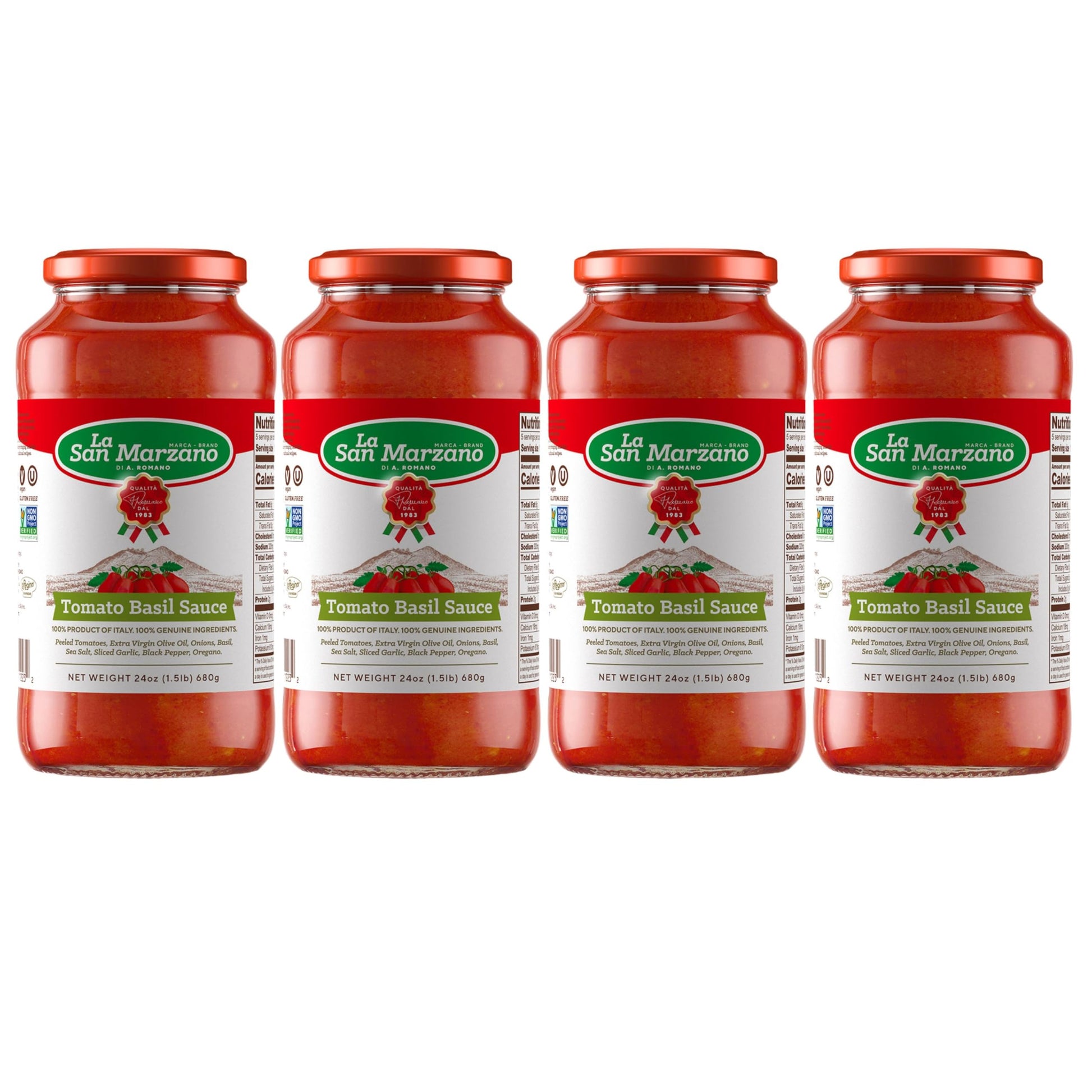 La San Marzano Tomato Basil Pasta Sauce, 24 oz, All Natural, Non-GMO, Vegan, Gluten Free, Made in Italy, Pack of 4