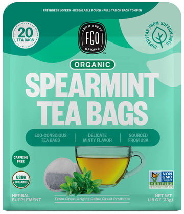 FGO Organic Spearmint Leaf Herbal Tea, 20 Count, Eco-Conscious Tea Bags, Caffine Free, Resealable Bag, Packaging May Vary (Pack 