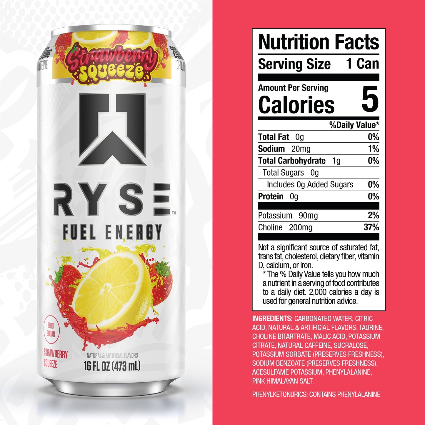 RYSE Fuel Energy Drink - Strawberry Squeeze - Sugar Free & Vegan - 200mg Caffeine - 16 Fl Oz Cans (12-Pack)