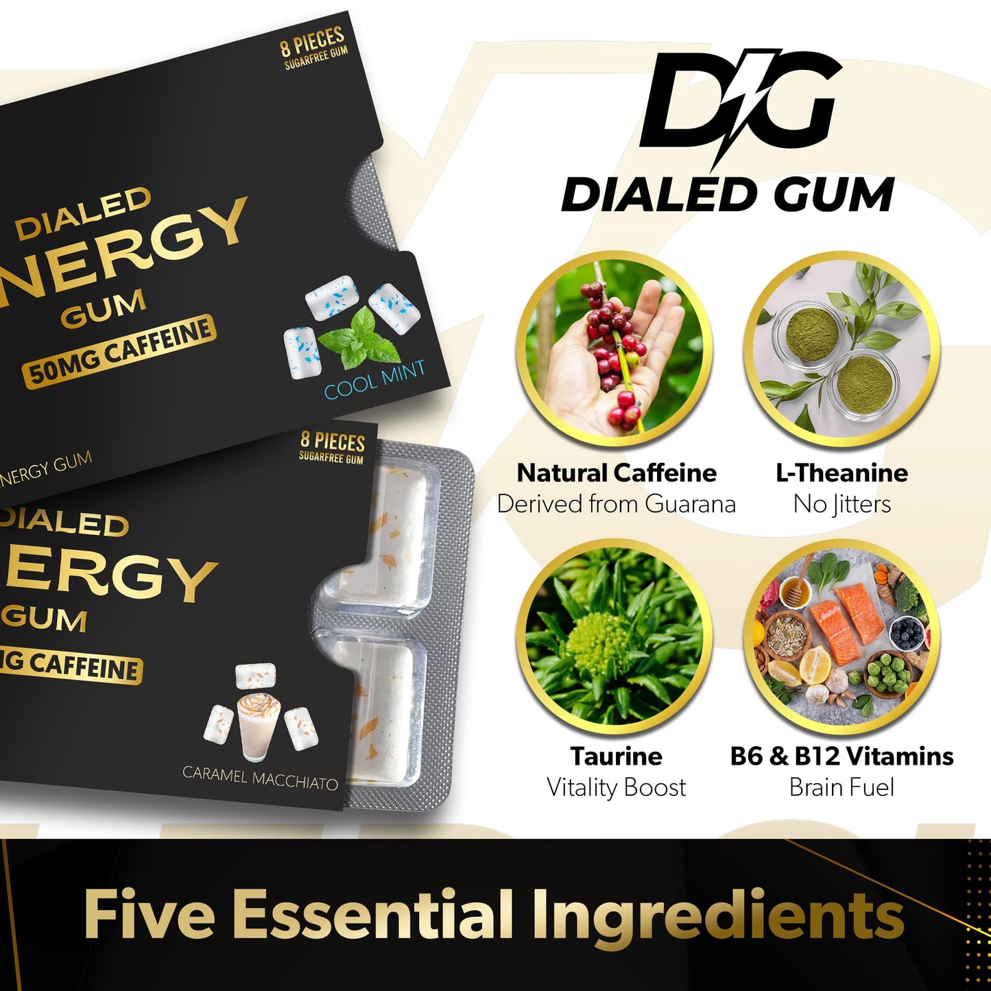 Dialed Gum Caffeine Gum 50mg Sugar Free Focus dietary product Pack of 64 Caramel Macchiato Brown