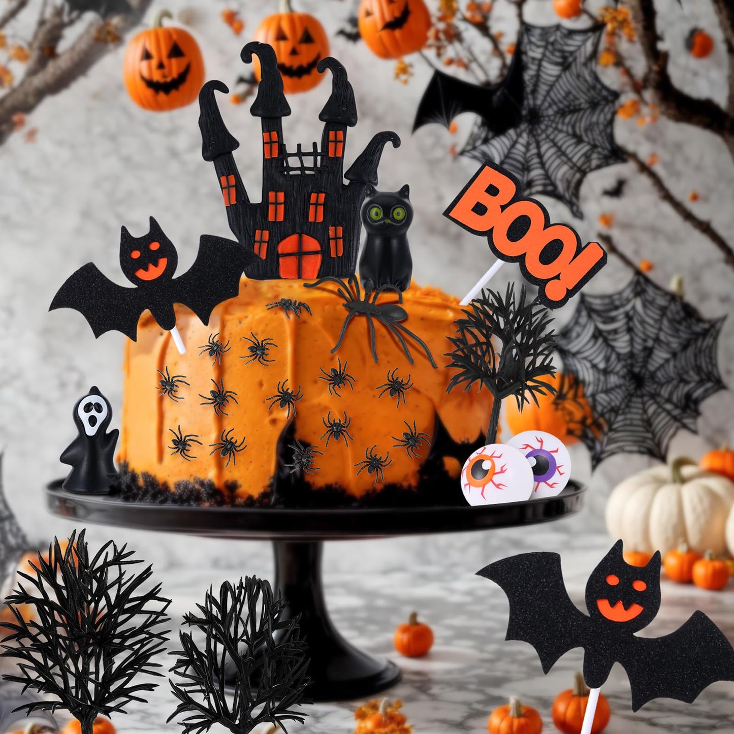 HIYZI Halloween Cake Toppers 48 Pcs 3D Decorations, Plastic, Witch, Bat, Castle, Spider, Skull, Pumpkin, Eyeballs, Hands, Tombstone