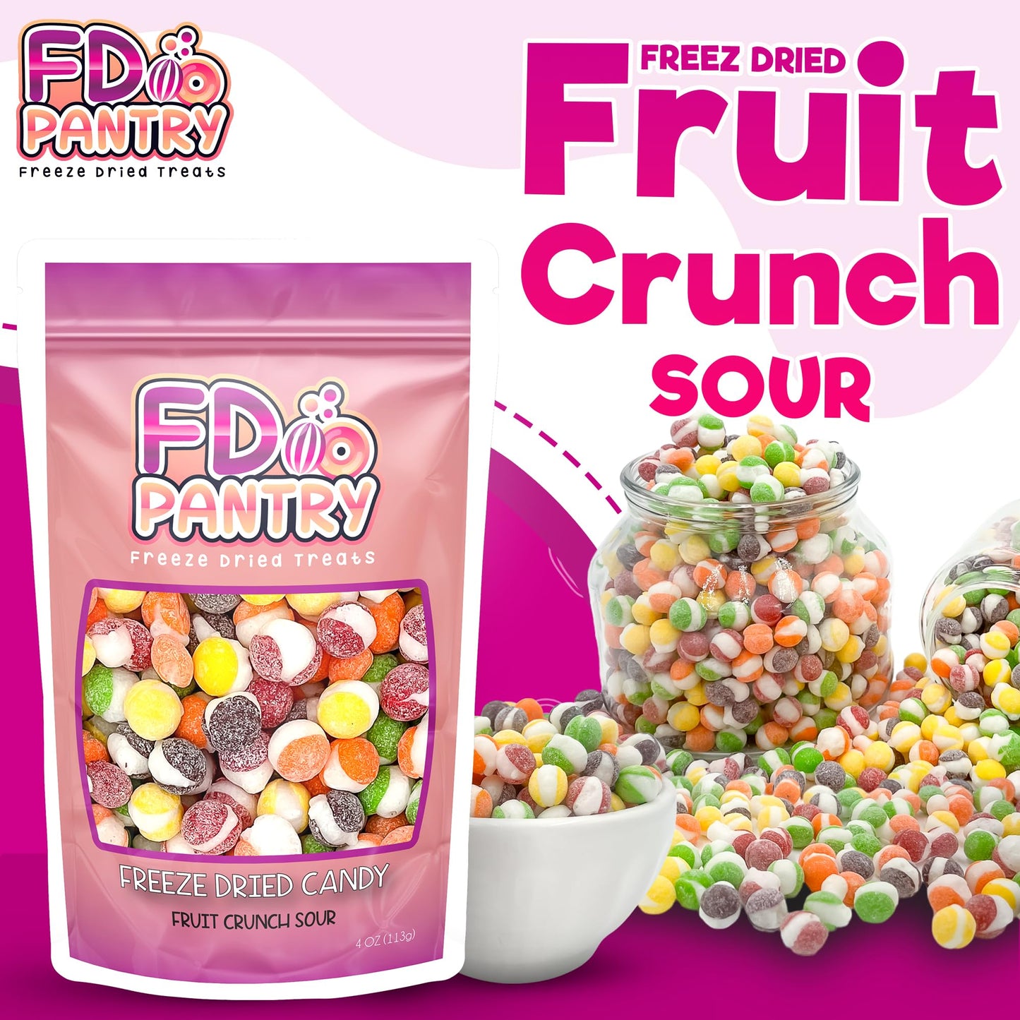 Freeze Dried Fruit Crunch Candy (Sour, 4 Oz) Treat Gift Bag Strawberry, Green Apple, Grape, Lemon, And Orange Sour Candy