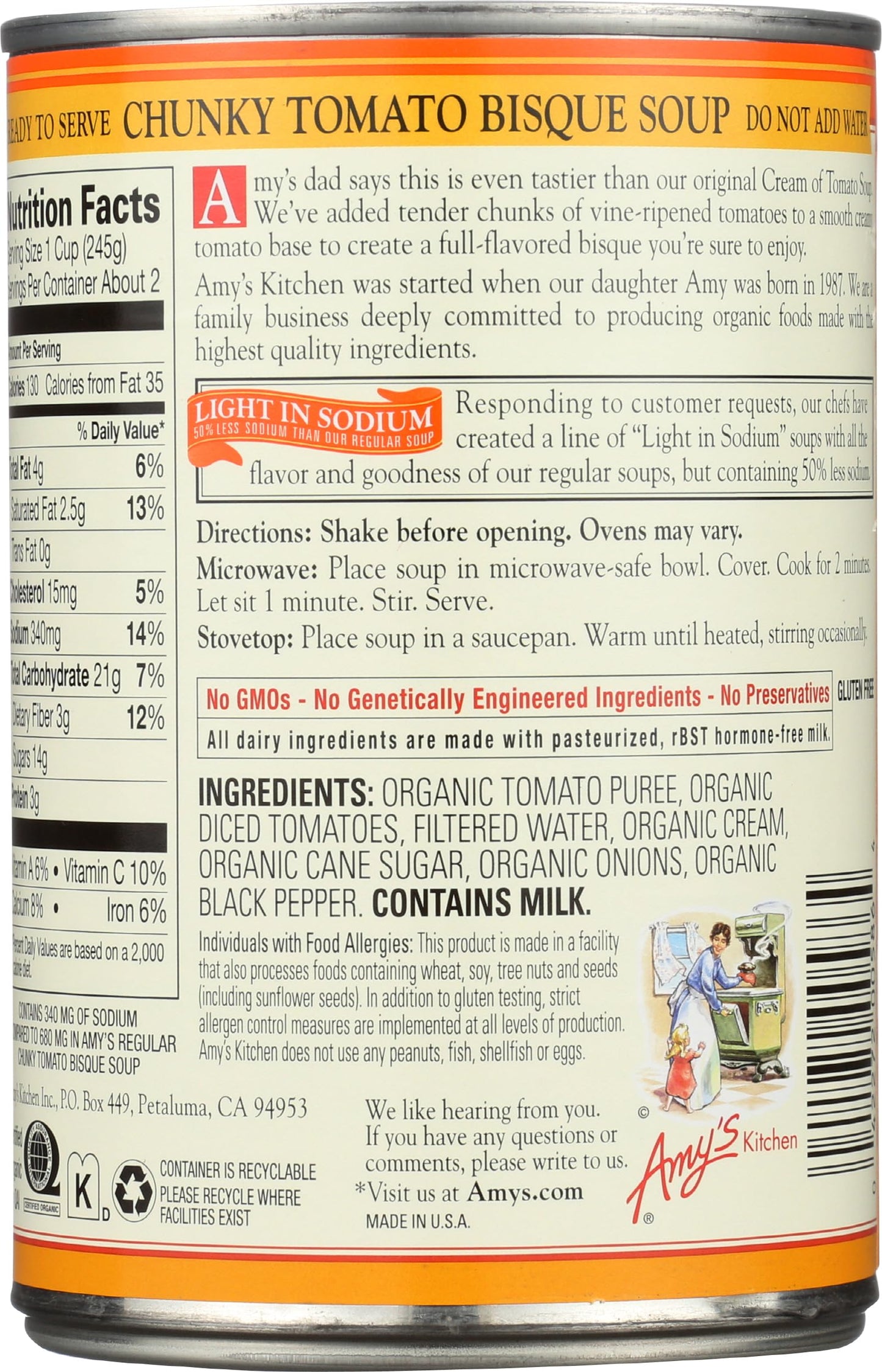 Amys, Soup Tomato Chunky Bisque Low Sodium Organic, 14.5 Ounce