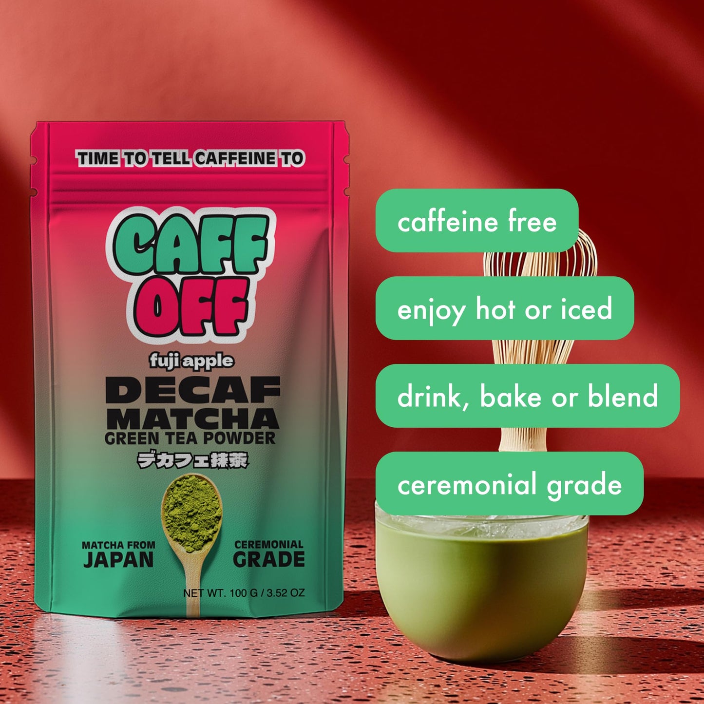 Caff Off Decaf Apple Matcha Green Tea Powder – Ceremonial Grade, Sugar-Free, Naturally Decaffeinated – 3.52 oz / 100 g
