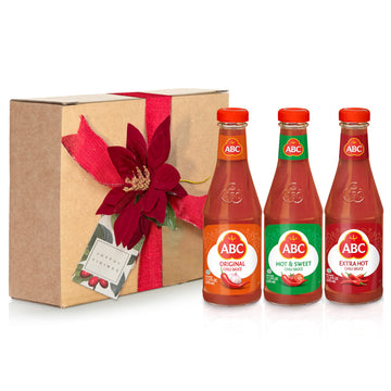 Abc Chili Hot Sauce Gift Set  3 Pack (11.3 Oz Each)  Hot Sauce Variety Pack  Oriflavor Blendal  Extra Hot  Hot & Sweet  Spicy Sriracha Style Sambal  Halal  Perfect Holiday Gift  Wrapped With Card