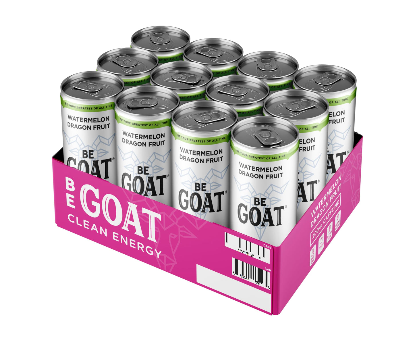 BeGOAT Watermelon Dragonfruit Energy Drink - 200mg Caffeine, Non-GMO, Vegan, Gluten-Free, 12 Fl OZ (Pack of 12)