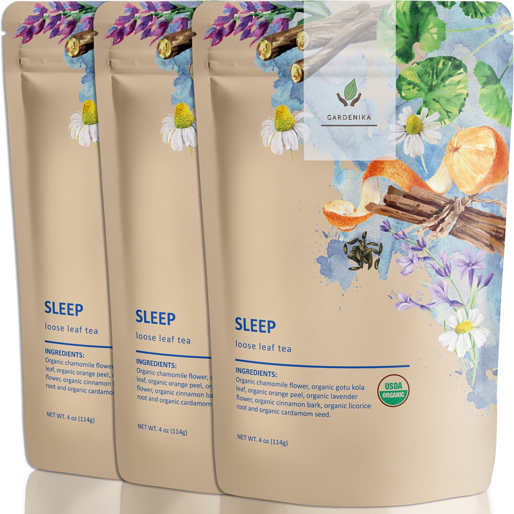 Gardenika Organic Sleep Loose Leaf Tea, Herbal Caffeine Free, Chamomile & Lavender, 4 Ounce (Pack of 3)