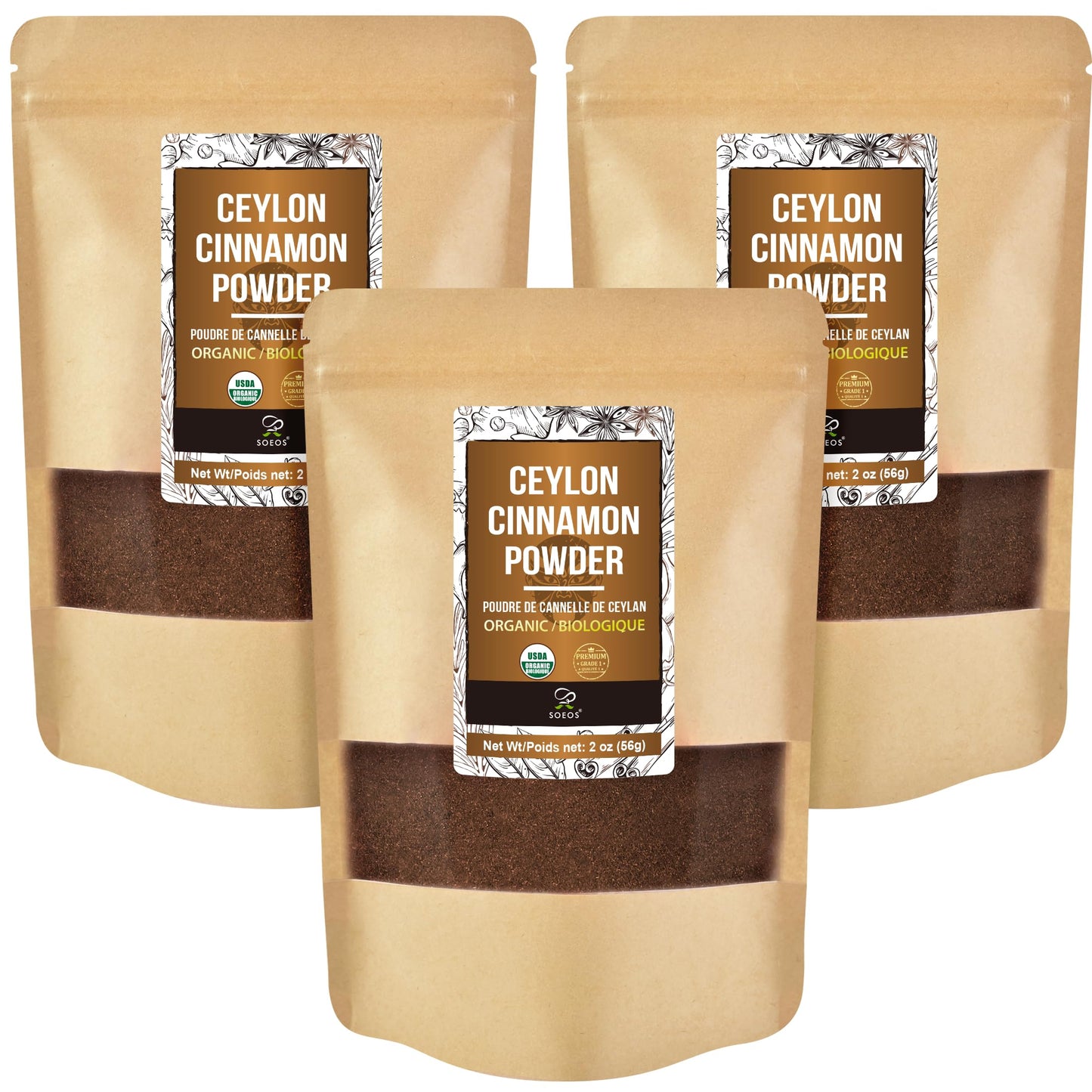 Soeos Organic Ceylon Cinnamon Powder 2 Ounce(Pack of 3)  Pure Ground Cinnamon from Sri Lanka  Non-GMO  Gluten-Free  Perfect for Baking  Cooking and Beverages